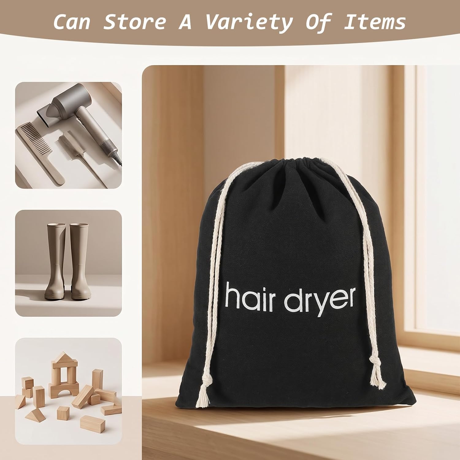 10 Pack Hair Dryer Bags Blow Dryer Bag Drawstring Storage Pouch for Travel Bathroom Black