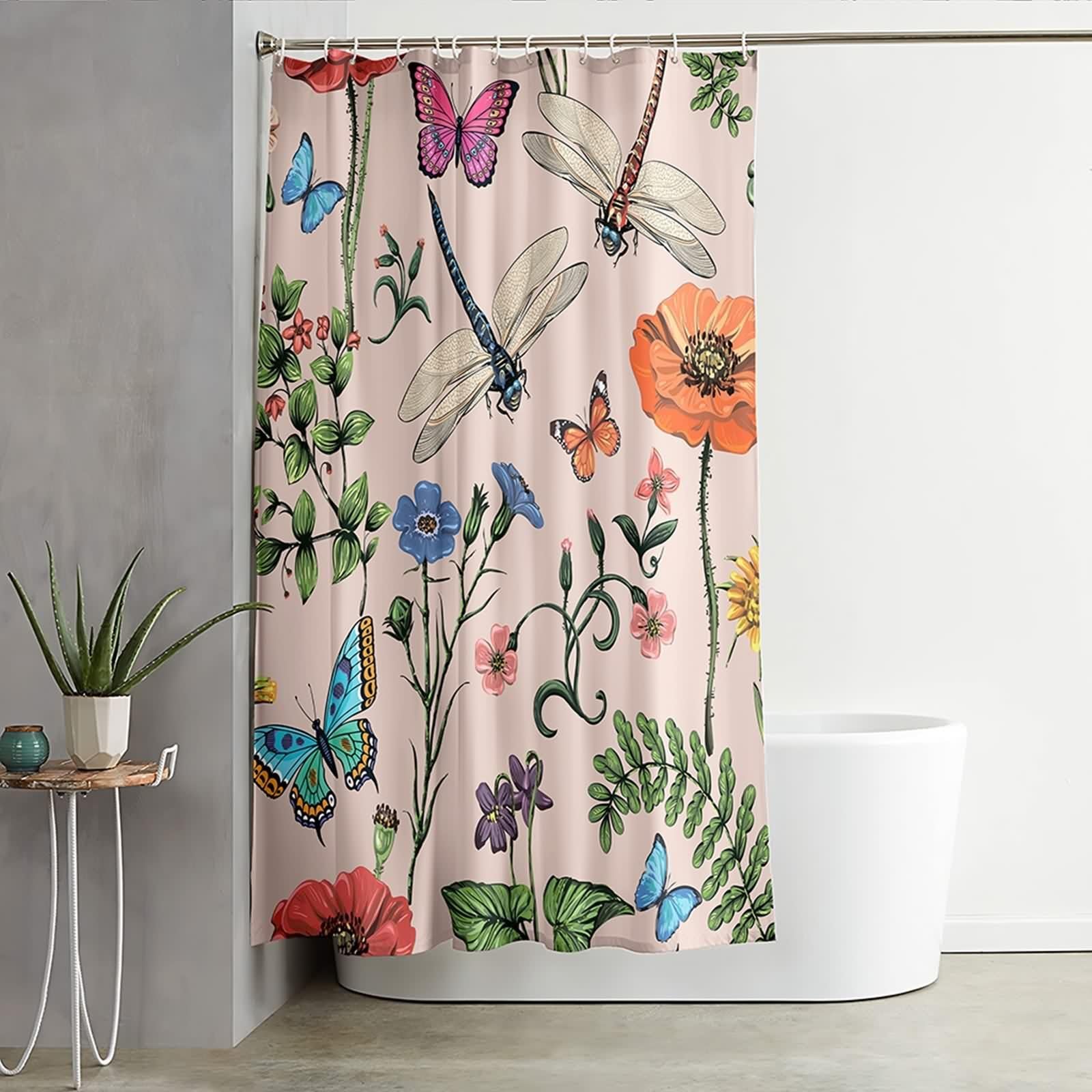 Duschvorhang Textil 240x200 cm Bunt, Blumen Schmetterling Libelle Muster Bad Vorhänge Polyester Waschbar Textil Stoff Bad Vorhang 2,4 x 2m Lang(BxH) inklusive Duschvorhangringen