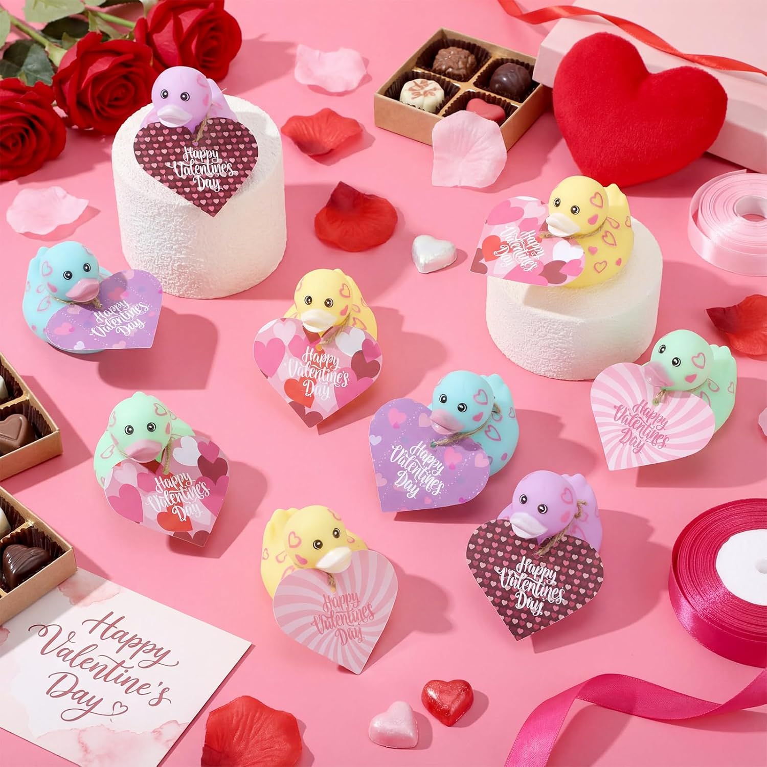 Jerify 12 Pcs 2 Inch Valentines Rubber Ducks Bulk with Gift Cards Mini Heart Rubber Duckies Bath Toys Valentine's Day Gift for Kids Classroom Favors Prizes Exchange (Macarons)