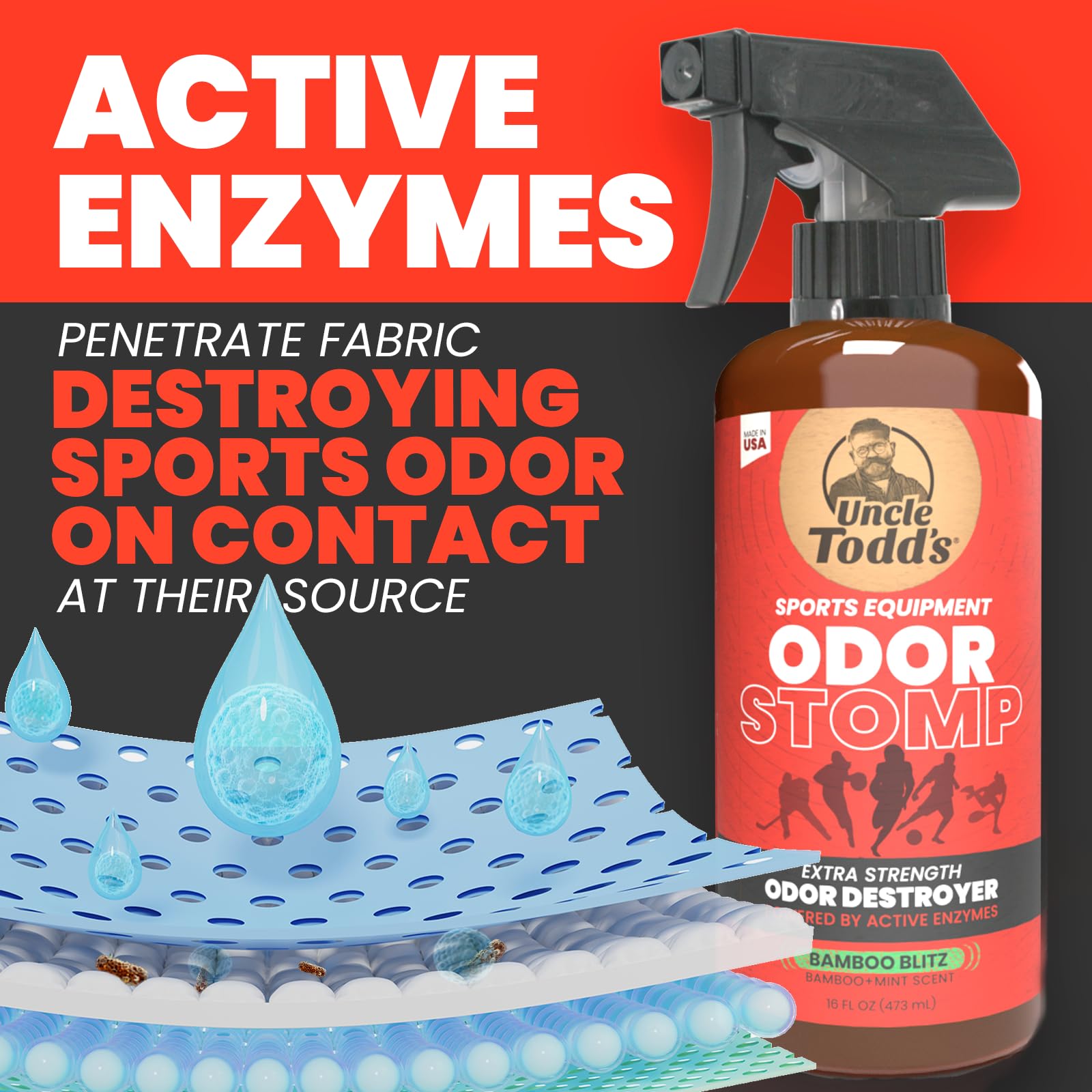 Uncle Todd's Fresh Gear - Espray eliminador de olores para equipos deportivos, desodorante extra fuerte alimentado por enzimas para fútbol, hockey, bolsas de gimnasio y equipo atlético, aroma Bamboo