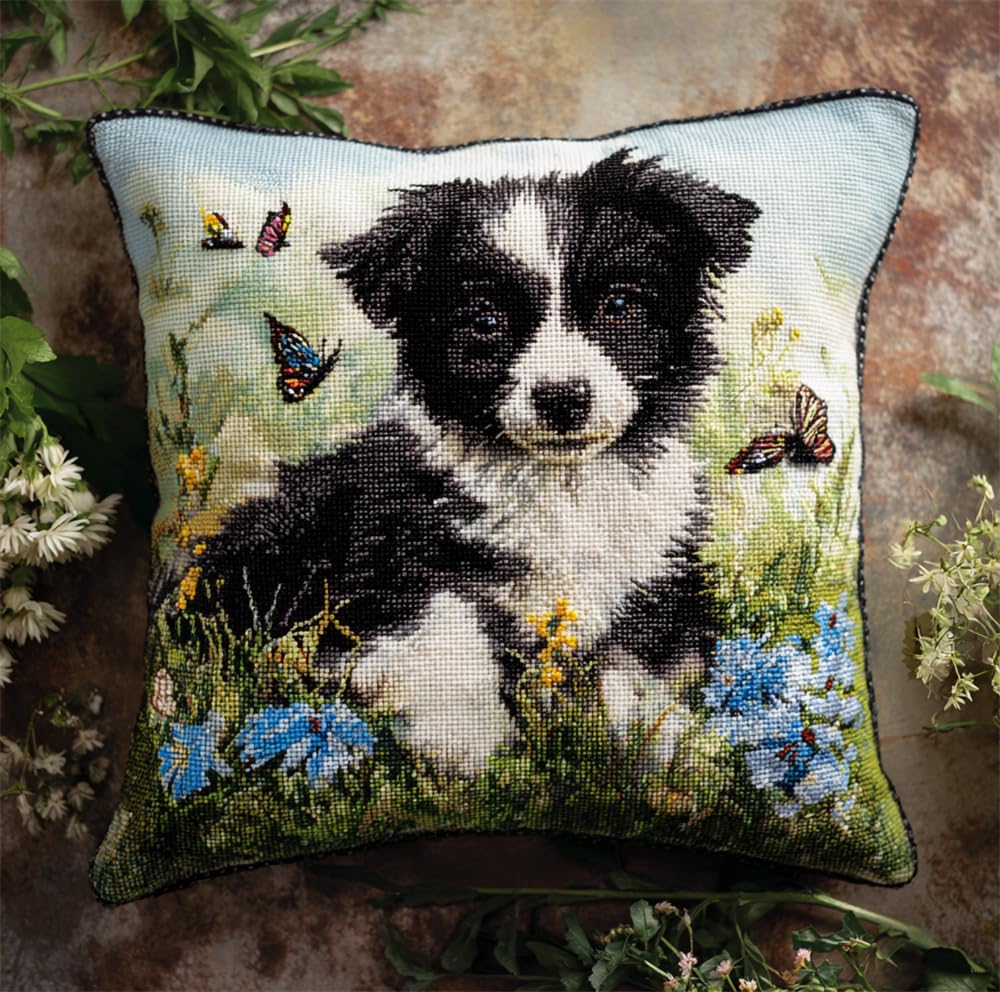 Rqwybcaxn Latch Hook Cushion Kits Border Collie and Butterfly Latch Hook Pillow Case Kits Embroidery Kits 17X17Inch DIY Needlework Pillow Cover Sofa Cushion Rug Making Kits, DIY Craft Kits 17X17Inch