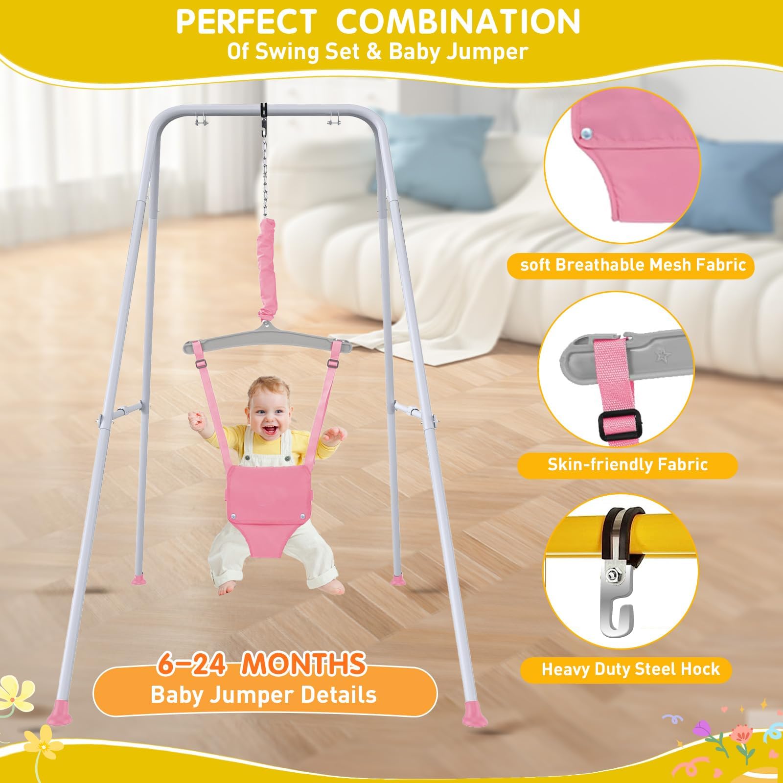 Baby Jumper with Stand, Toddler Swing Set forIndoor/Outdoor Play, Jumper for Baby 6-24 Months,Baby Jumpers and Bouncers with Adjustable Chain,Easy to Assemble & Store(Pink)