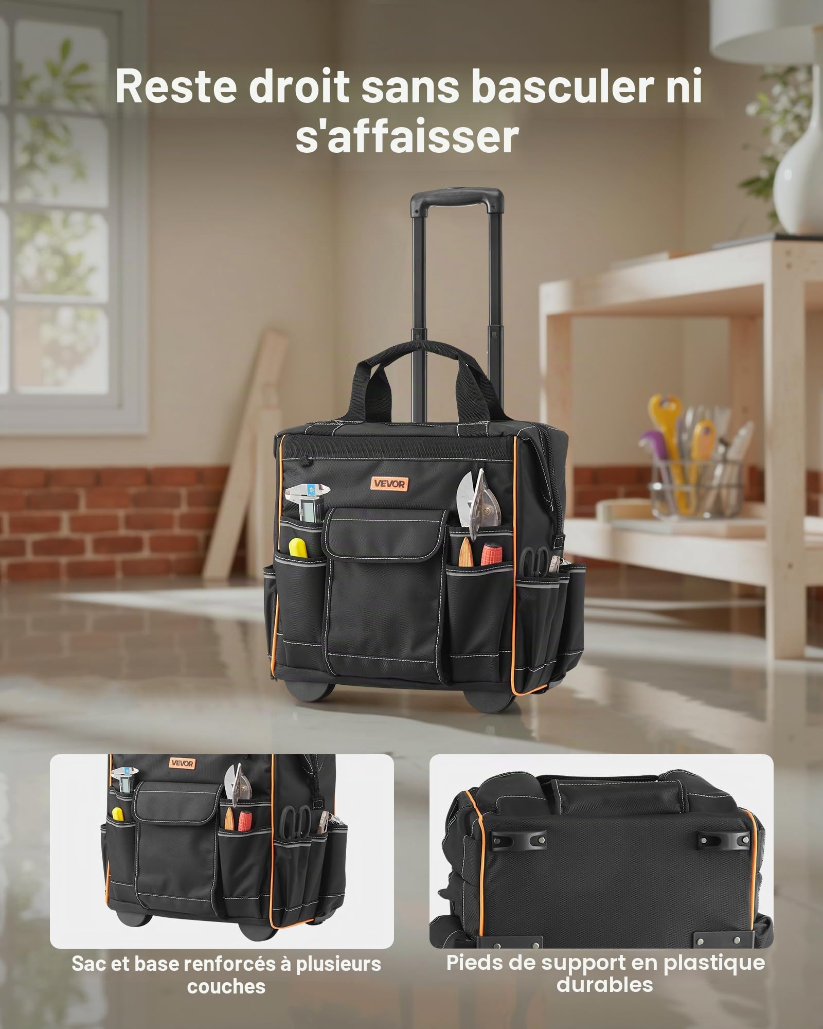 VEVOR Sac à Outils à Roulettes, Charge 50 kg, Caisse à Outil, 39x29x42 cm, avec 25 Poches, Poignée Télescopique, Base Stable, Sac Organisateur Outils Robuste pour Électriciens, Plombiers, Mécaniciens