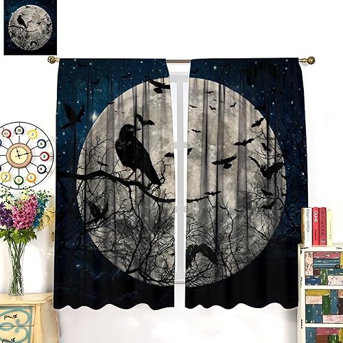 Miniatura 3 de Cortinas opacas góticas de Halloween para dormitorio, fantasía, galaxia, bosque, luna llena, murciélagos de cuervo negro, cortinas de oscurecimiento
