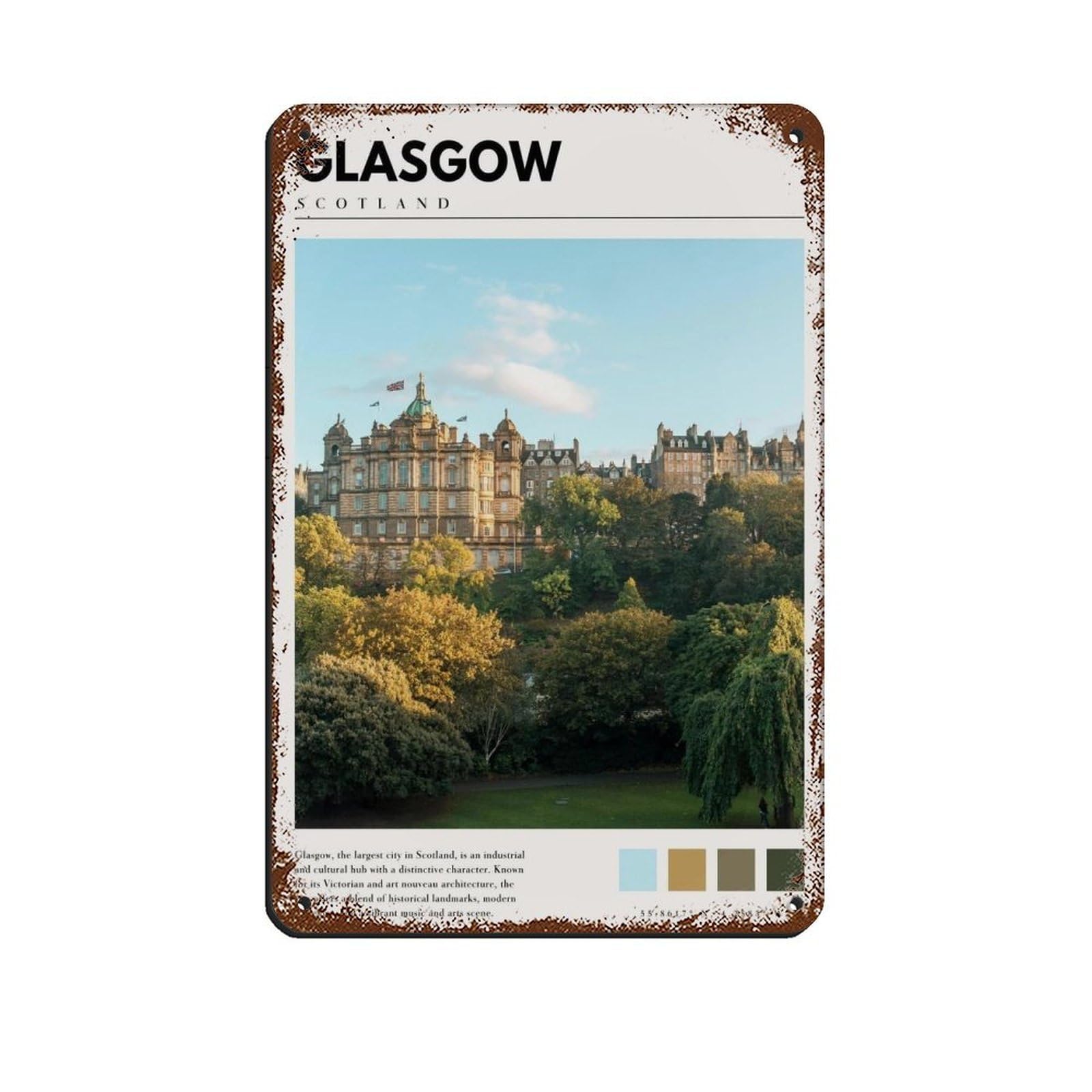 Glasgow Scotland Poster Scotland Art Retro Poster Metal Tin Sign Chic Art Retro Iron Painting Bar People Cave Cafe Family Garage Poster Wall Decoration 8x12inch(20x30cm)