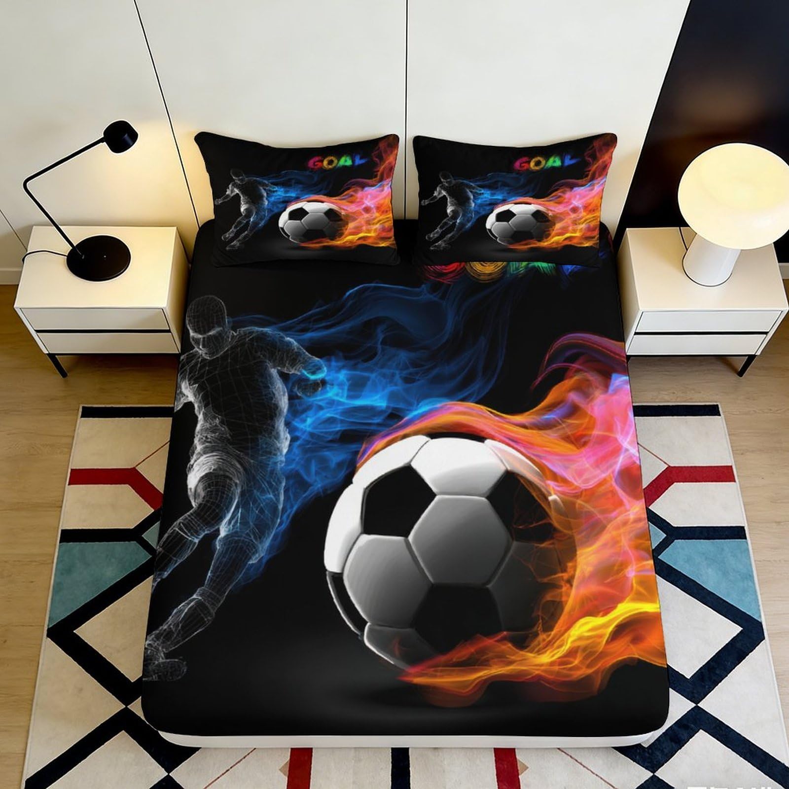 3D Printed Fire Soccer Fitted Sheet Microfiber Soft Breathable Water Flame Bed Cover for Bedroom Guest Room Decor 90x200x25cm