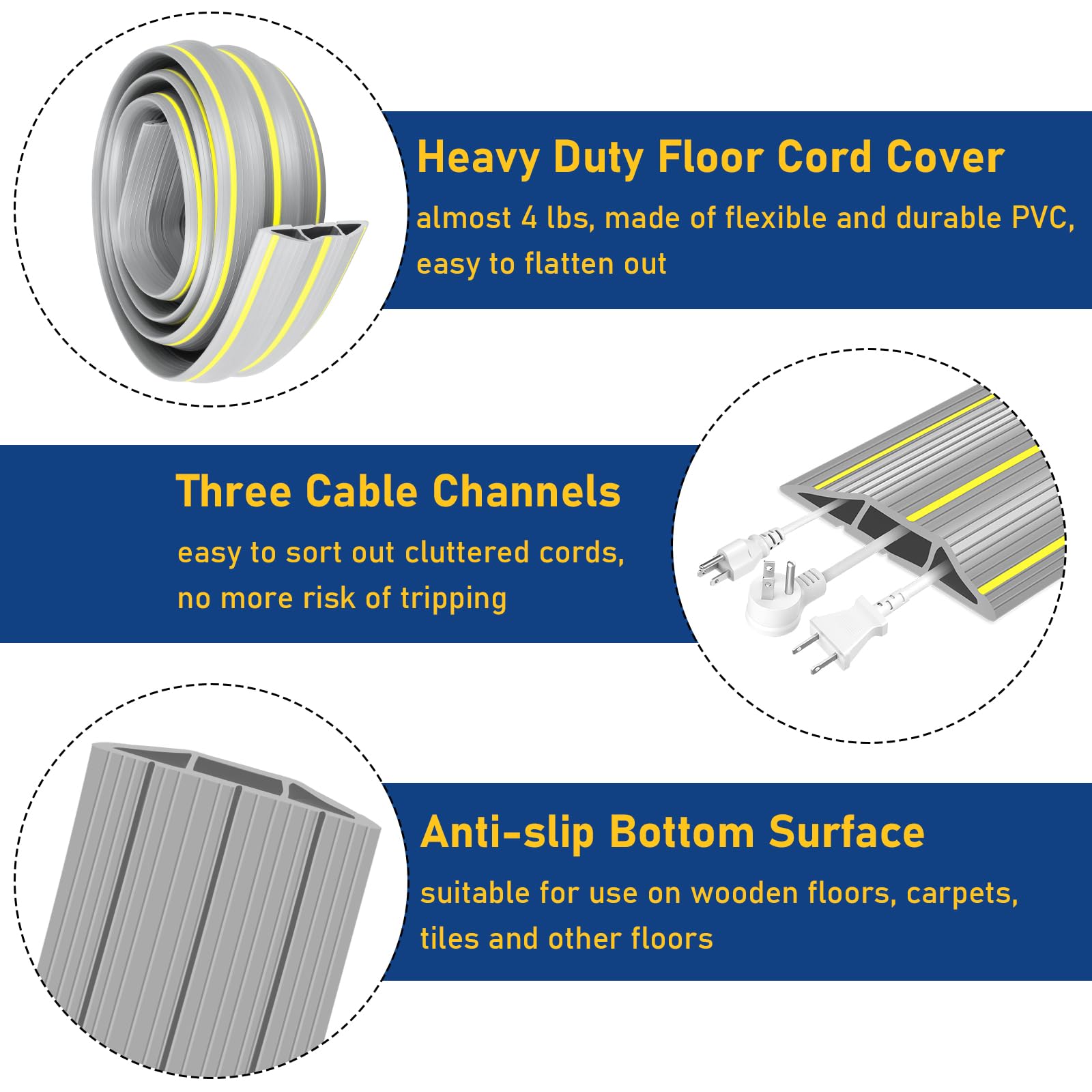 Cubierta de cable de piso, resistente cubierta de cable de suelo de 6.5 pies, 3 canales, protector de cable de goma, cubierta de cable de extensión, ocultador para oficina en casa, al aire libre,
