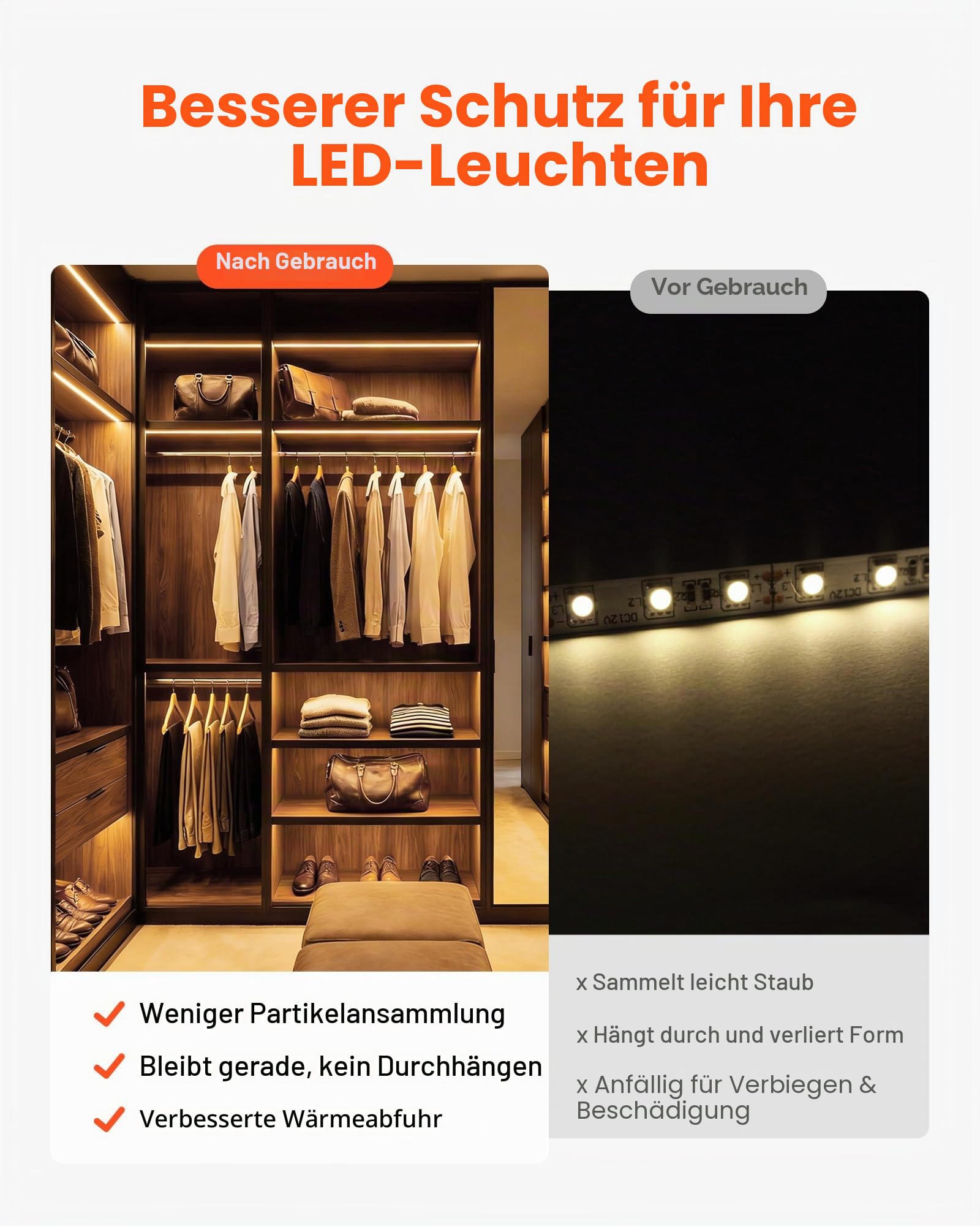 VEVOR LED Profil 10er-Pack 2 m, Eloxierte Aluminiumprofile mit Milchiger Abdeckung, Endkappen & Befestigungsclips, Kanäle, Diffusor für LED-Streifen, Ideal für Unterbau-Arbeitsplatten, U Form