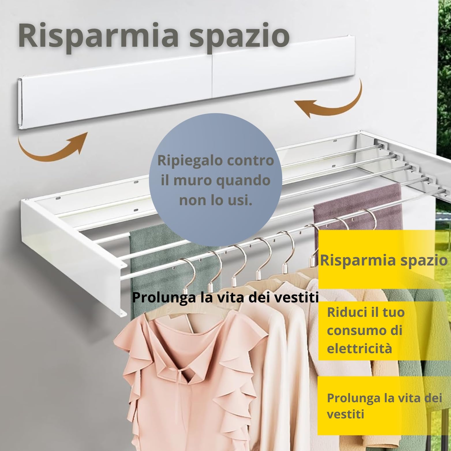 Stendino da Parete Pieghevole Estensibile Retrattile 80 cm con 24 Pinze Stendibiancheria da Muro Richiudibile Antiruggine Interno Esterno Salvaspazio