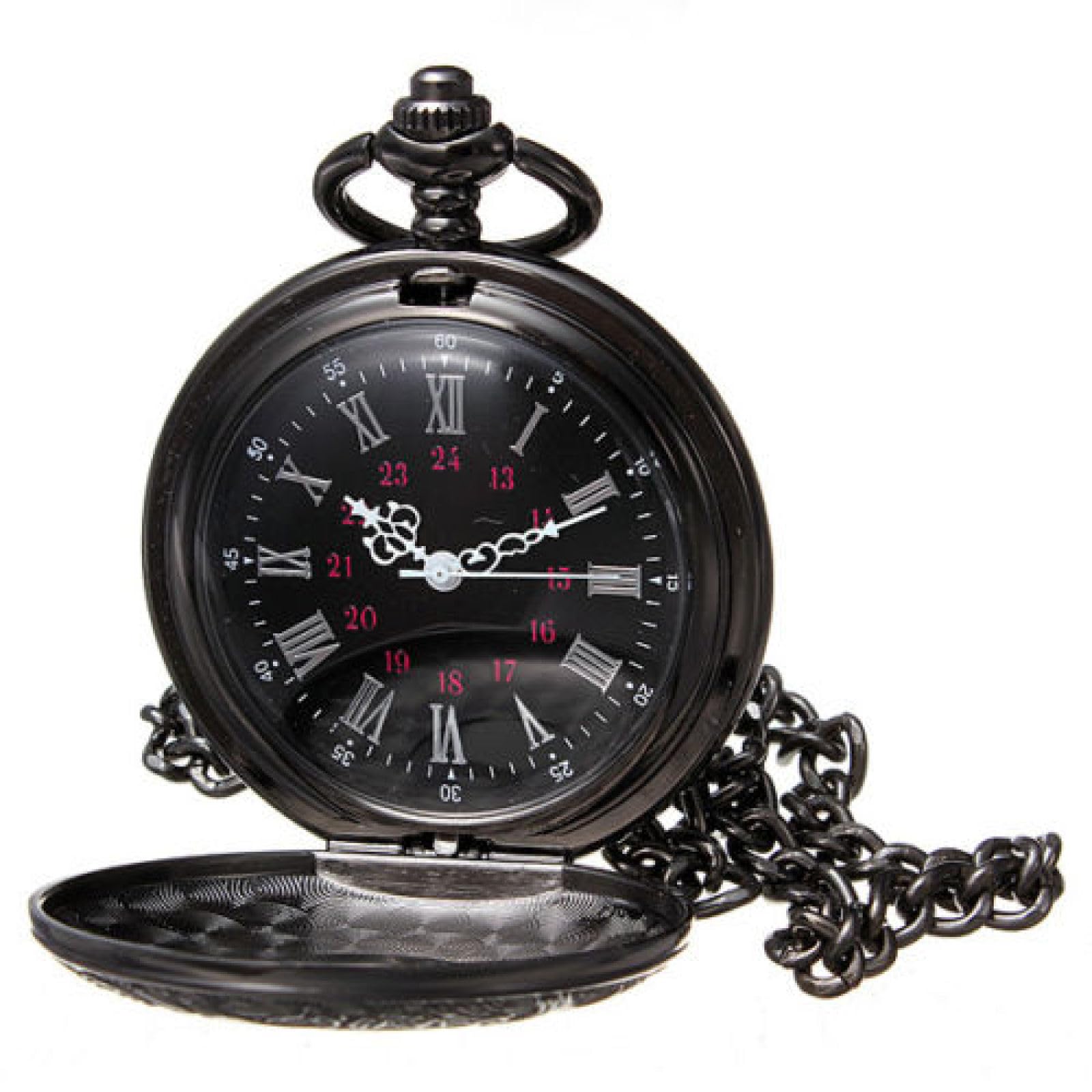 Czarny, unisex, modny zegarek kieszonkowy steampunk z rzymskimi cyframi, damski naszyjnik wisiorkiem i łańcuszkiem, prezent
