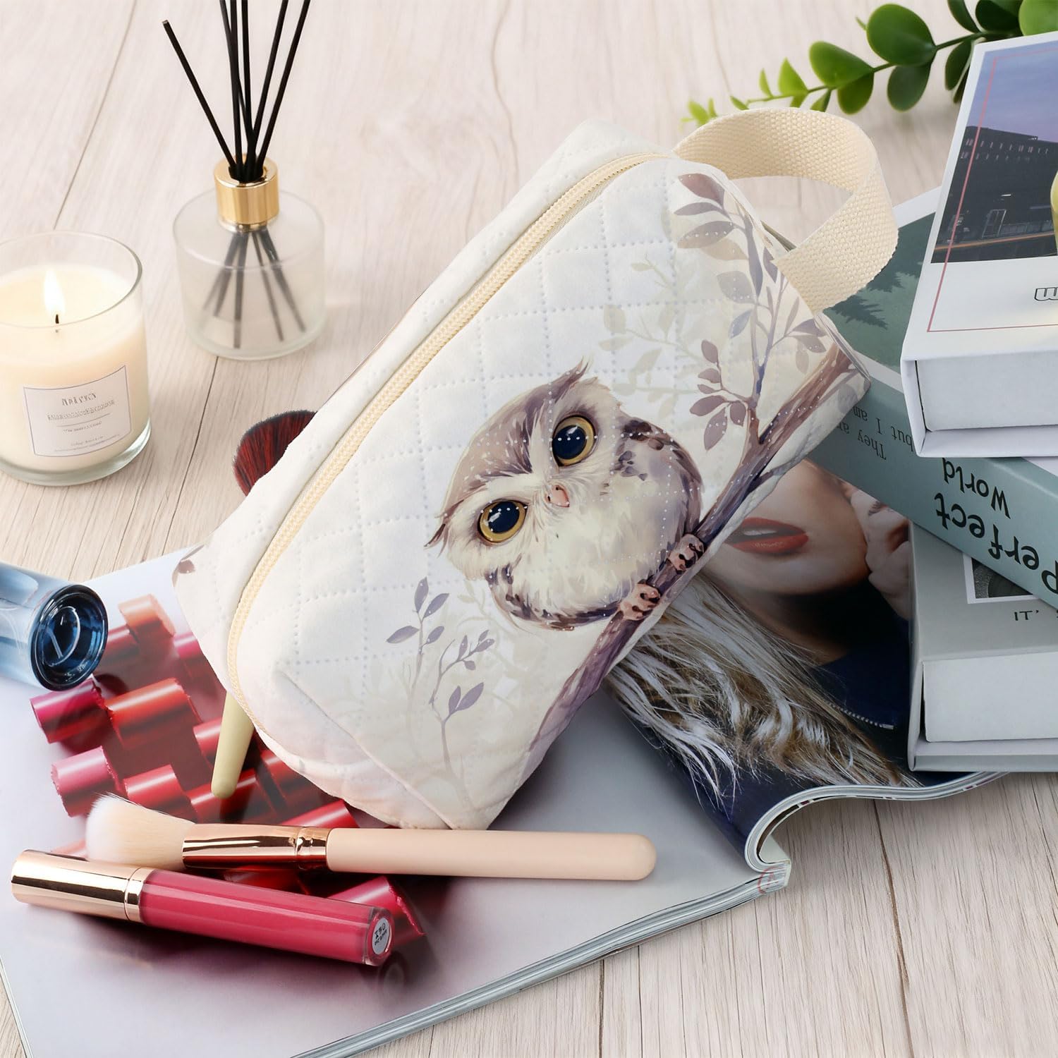 Owl Printed Quilted Makeup Bag for Women - Velvety Polyester Cosmetic Organizer w/Triple Compartments, Travel & Makeup Brush Holder -4 - Image 5