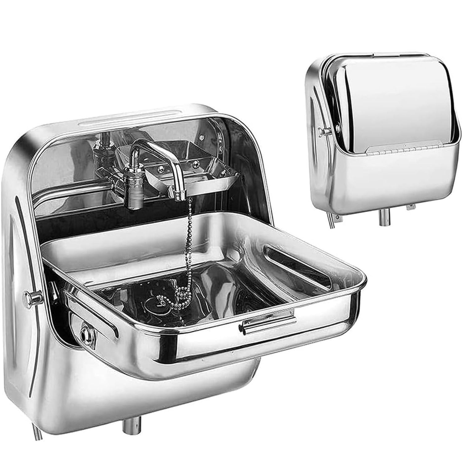 Lavello pieghevole da parete con coperchio e rubinetto per casa mobile, barca, roulotte, furgoni, camper, roulotte, roulotte, barche, camper, lavello in acciaio inox 304
