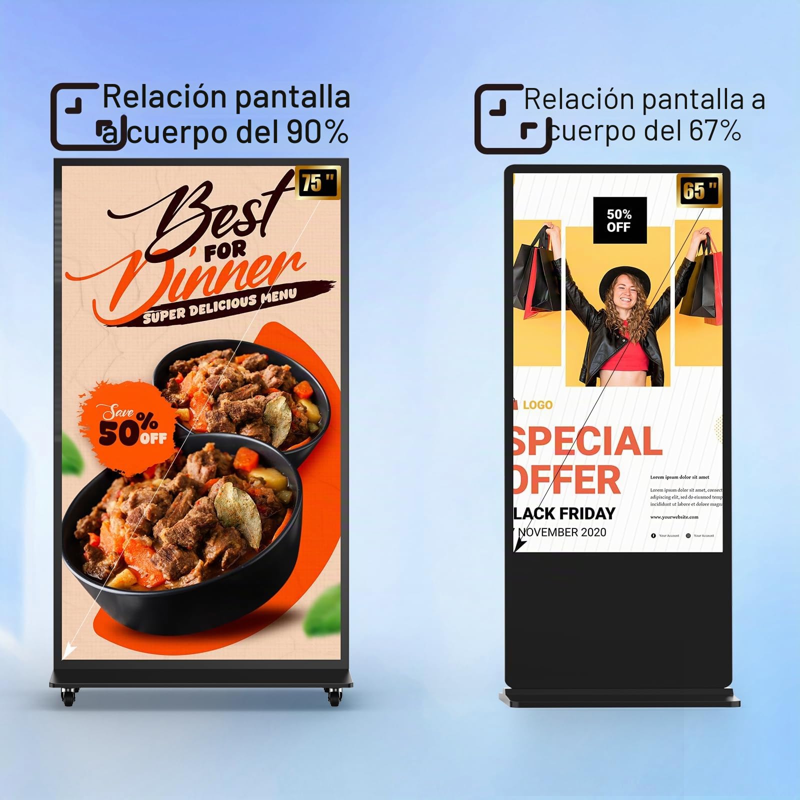 Pantalla Publicidad, LCD Señalización Digital, Automática Monitor Vertical Portátil para Tienda, Restaurante, Centro Comercial, Compatible con USB/WiFi/HDMI, Android OS, 75 Pulgadas