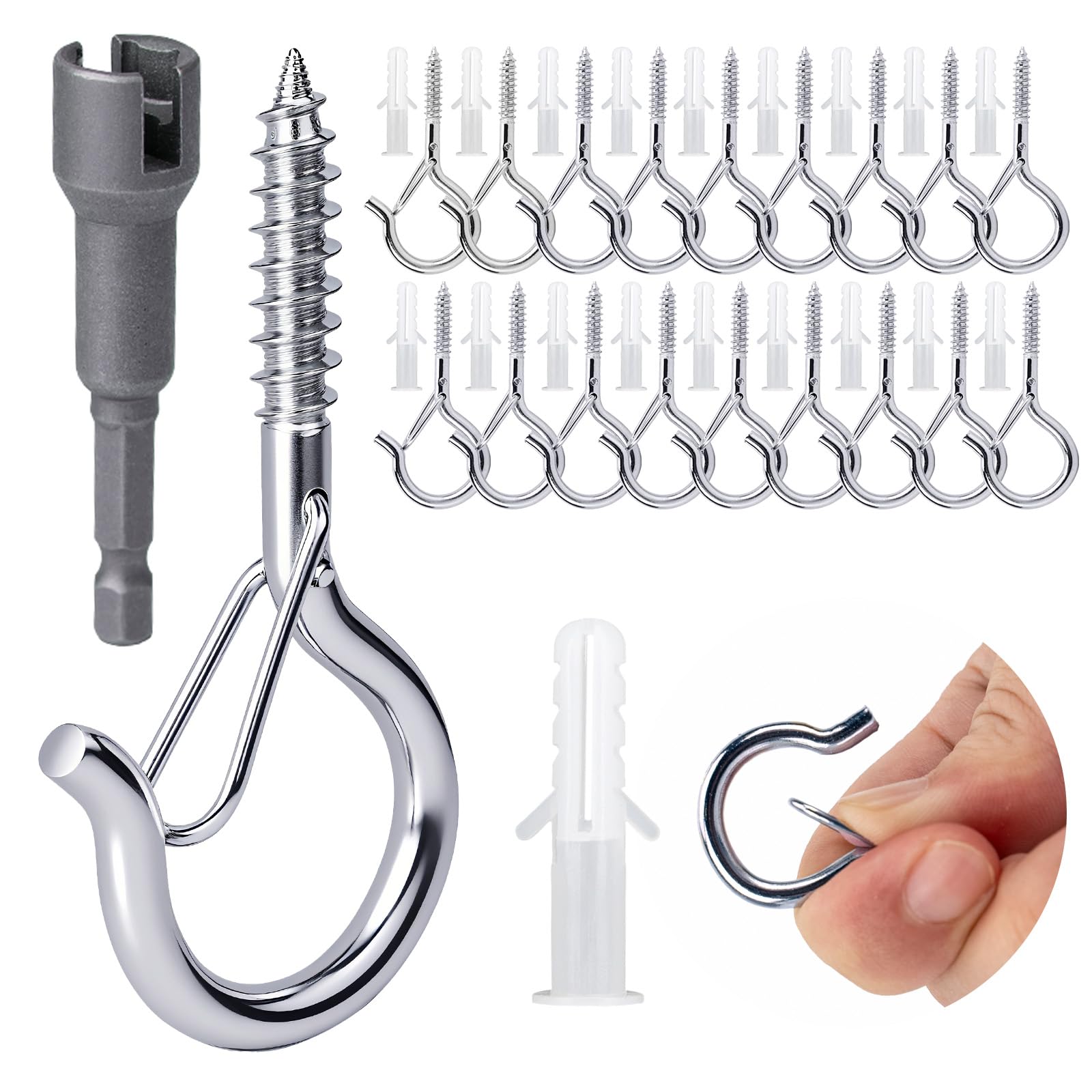 KINGLAKE Screw in Hooks, 30 Pcs Q Hanger Hooks for Outdoor Christmas String Light, Safety Buckle, Fence Celling Silver Screw Hook for Wood Wall Hanging Fairy Lights Plants Bird Feeders Cups