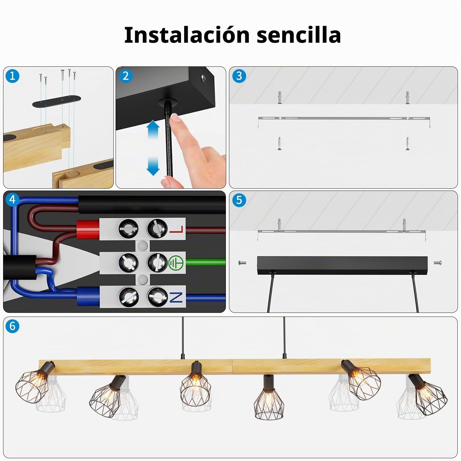 LVWIT Lamparas Colgantes de Techo Negro, Lamparas Isla Cocina E14, Lámparas de Techo de Madera，Lampara Comedor Techo con 6 Bases, para Salón,Dormitorio, Pasillo (Sin Bombillas)