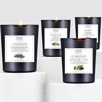 Em5 Wax Lavender Cranberry,Vanilla Latte,Myrrh Tonka,Ginseng Green Tea|Set Of 4 Smoke Free Scented Candles For Home Décor & Aromatherapy|Non- Toxic Candle|60 Gm Each|Up To 20 Hours Burn Time