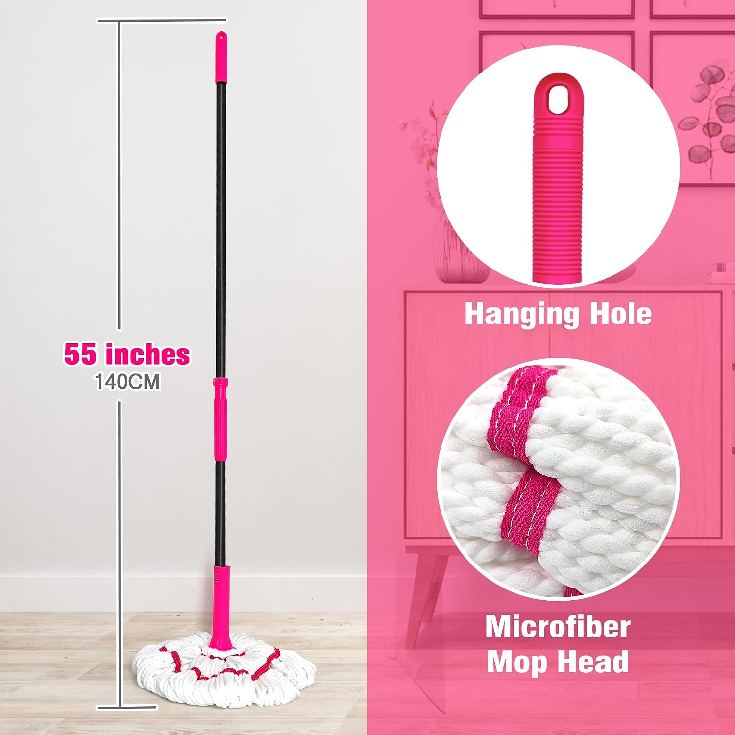 NEWE Self Wringing Twist Mop for Floor Cleaning, Upgraded 18-inch Wide Microfiber Mops, 55 Inches Long Handle Wet Dry Kitchen Easy Squeeze String Mop for Wood, Hardwood, Tile, Marble (Red)
