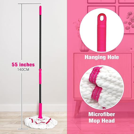 NEWE Self Wringing Twist Mop for Floor Cleaning, Upgraded 45 cm Wide Microfiber Mops, 140 cm Long Handle Wet Dry Kitchen Easy Squeeze String Mop for Wood, Hardwood, Tile, Marble (Rose Red)