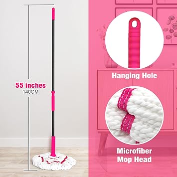 NEWE Self Wringing Twist Mop for Floor Cleaning, Upgraded 45 cm Wide Microfiber Mops, 140 cm Long Handle Wet Dry Kitchen Easy Squeeze String Mop for Wood, Hardwood, Tile, Marble (Rose Red)