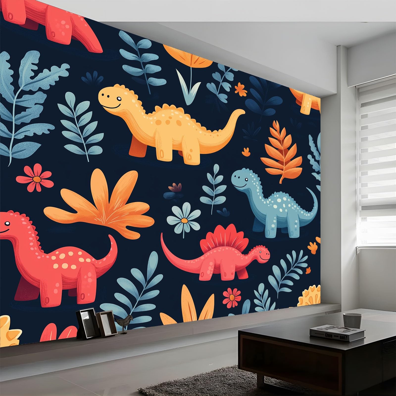Figurki z kreskówek, dinozaury, rośliny, kwiaty, sztuka, fototapeta, 250 x 175 cm, efekt 3D, obraz ścienny, tapeta ścienna, nowoczesna tapeta ścienna, do salonu, na ścianę, mural, pokój dziecięcy, tło