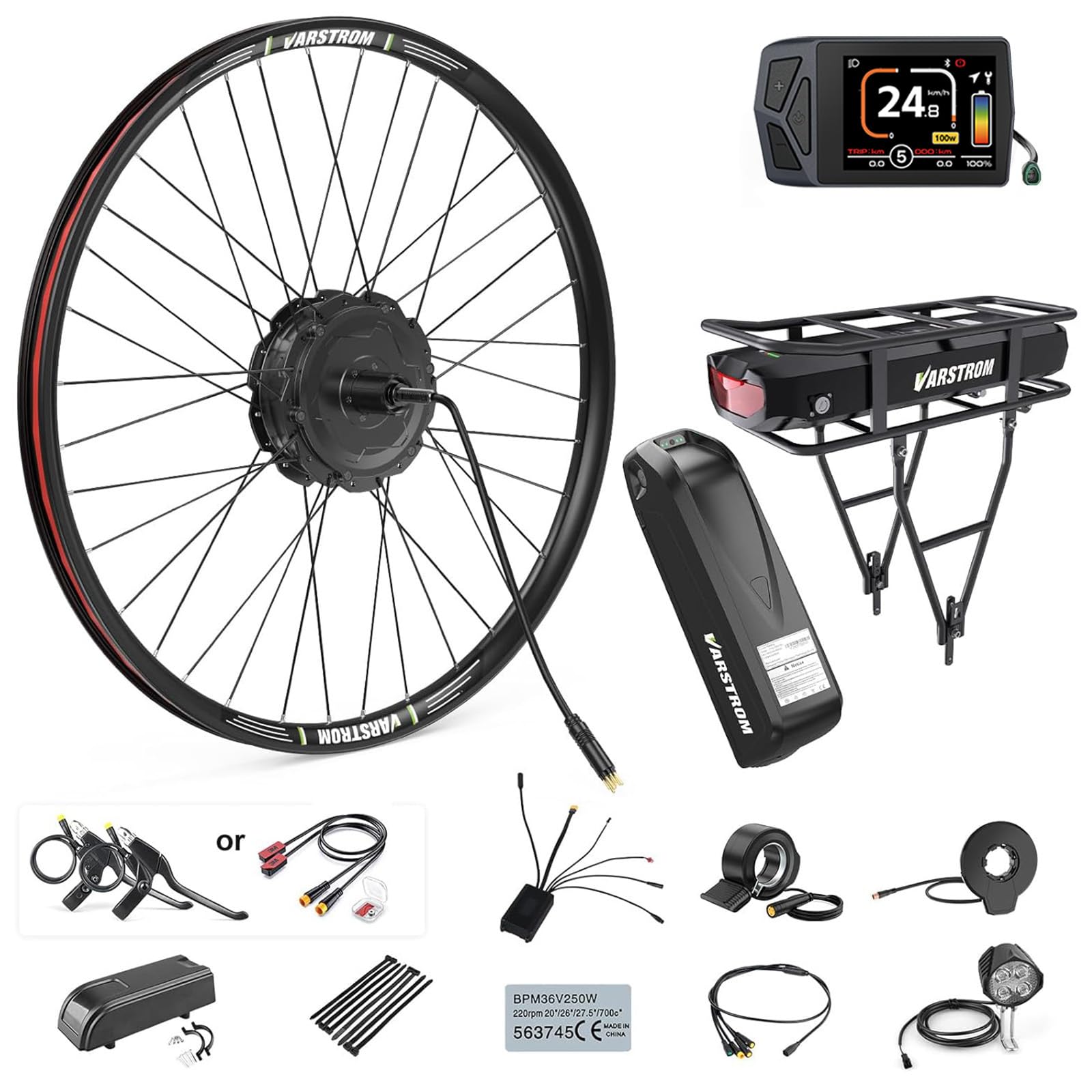 Varstrom 48V Electric Bike Conversion Kit - 20" 26" 27.5" 28" 29" 700C Front & Rear Wheel Hub Motor 125EVH 125XVH Ebike Conversion Kit with Battery and Display - Geared Brushless Motor for Cassette