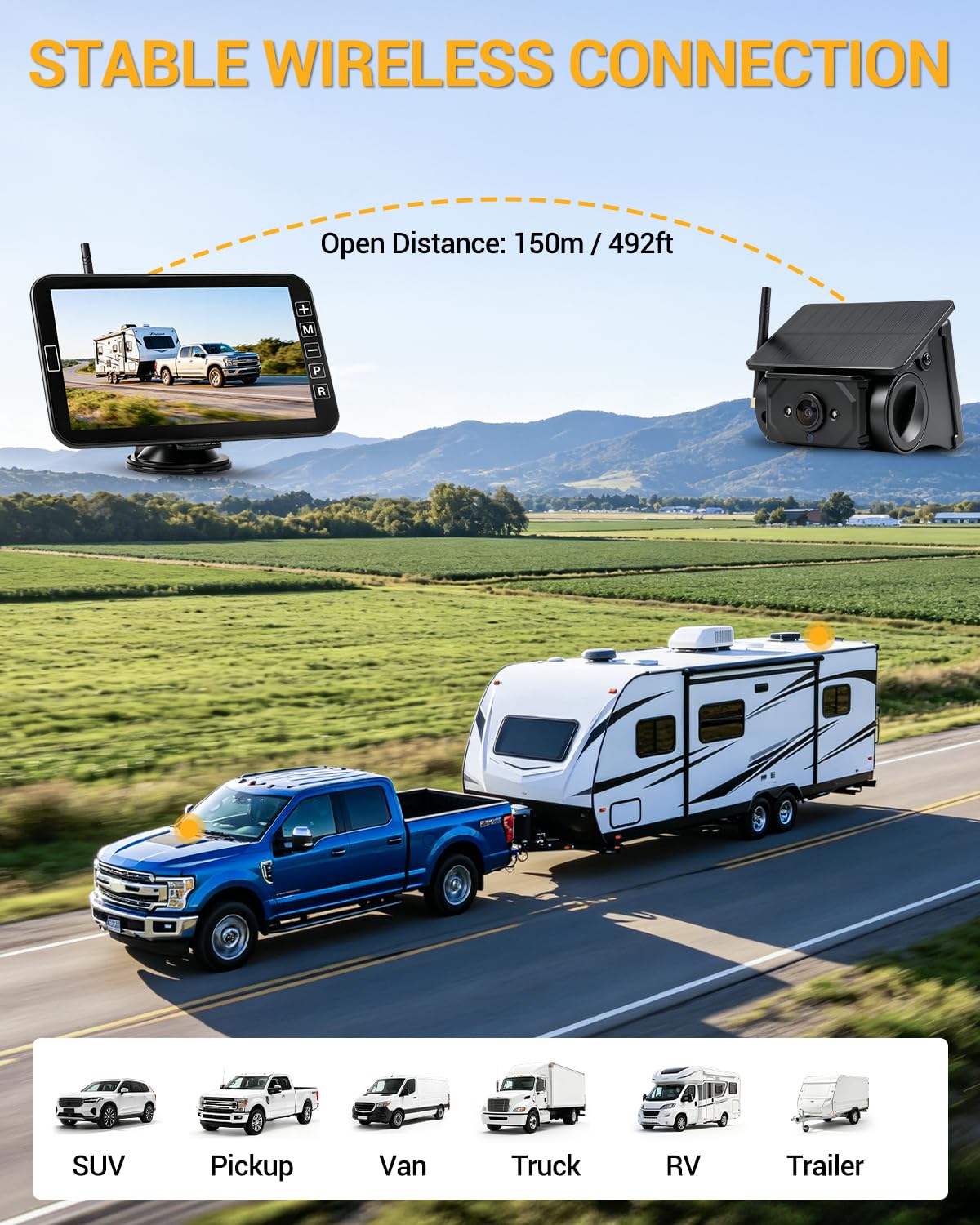 7 Pulgadas Cámara de Visión Trasera Inalámbrica | Magnética Solar con Monitor y Batería de 9600 mAh para Camiones SUV Autocaravanas y Remolques