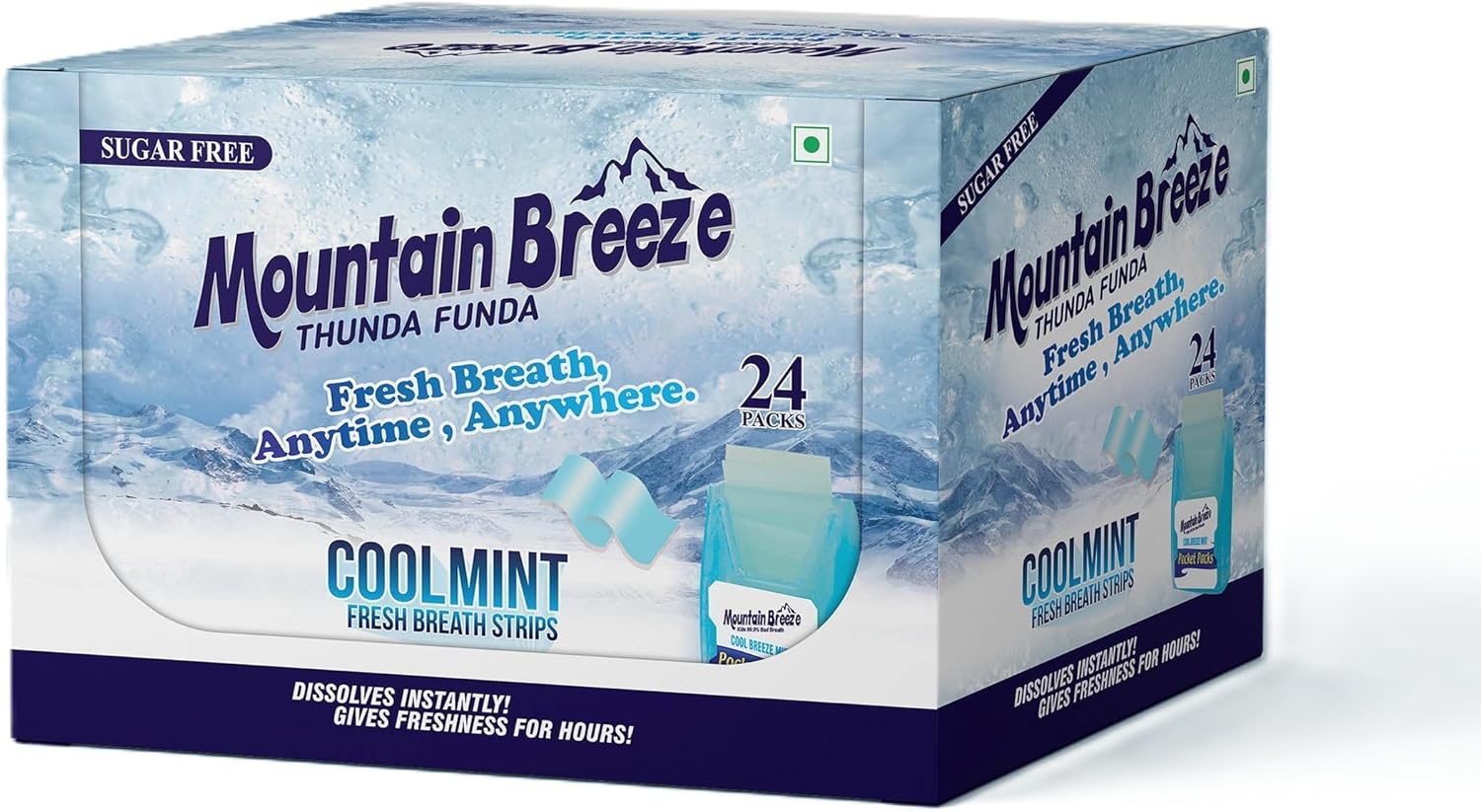 Mountain Breeze Oral Hygiene Mouth Freshener Sugar Free Cool Mint Flavoured Breath Strips (24 Strips Each Cassatte)-Pack of 24
