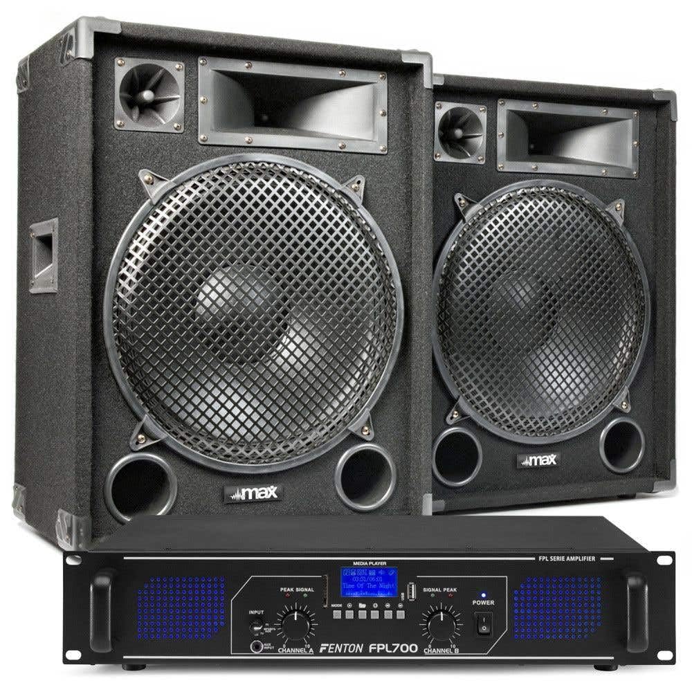 MAX26 PA Lautsprecher DJ Boxen Set, 2000 Watt Peak - inkl. Bluetooth Verstärker Lautsprecher Boxen Set mit Griffe, 2X 15 Zoll Doppel-Tieftöner, DJ Party Lautsprecher Paar, PA Boxen für Musikanlage
