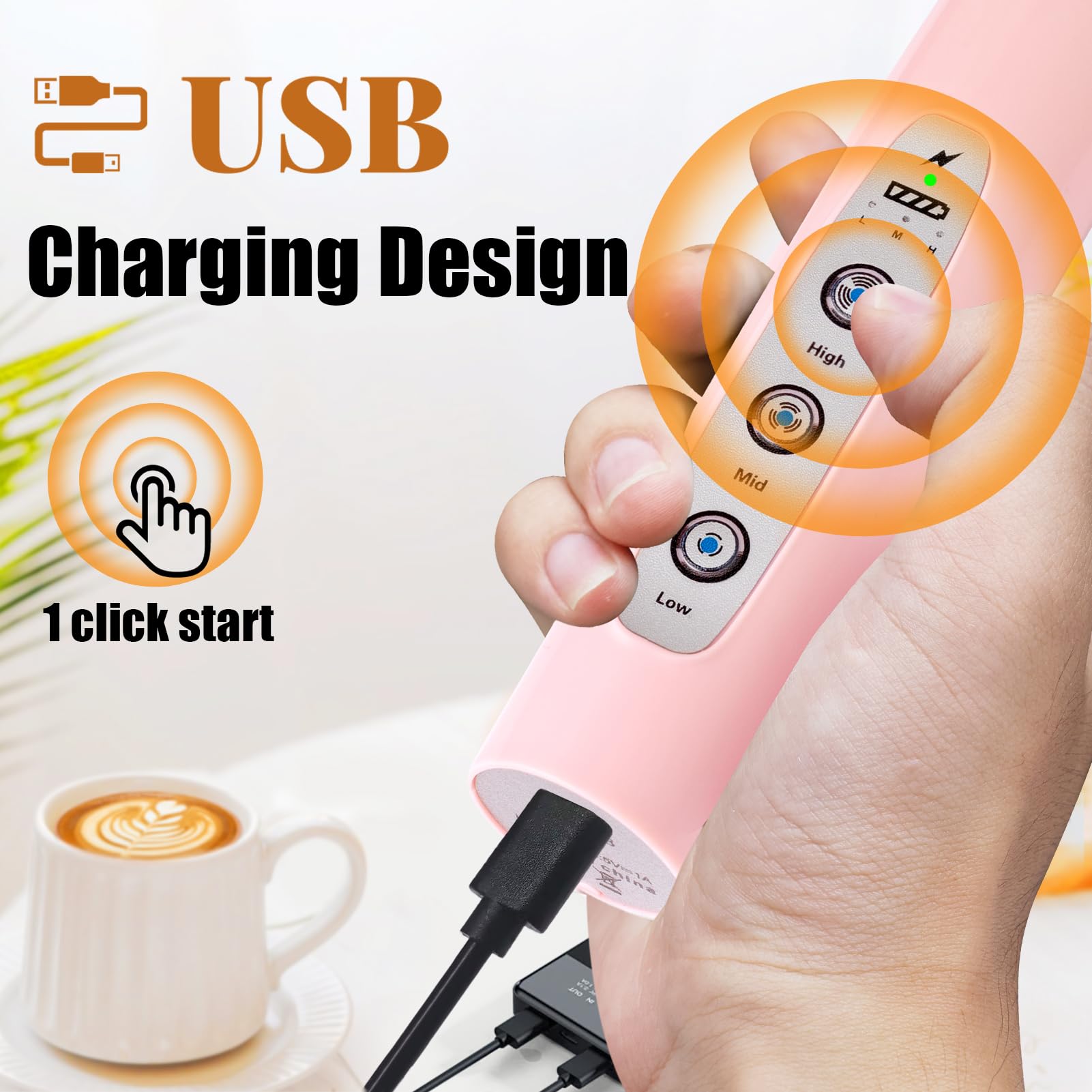 Nahida Mousseur à lait rose pour café, fouet électrique rechargeable avec 3 têtes, 3 vitesses, mousseur à café, mousseur à café pour latte, cappuccino, chocolat chaud, œuf