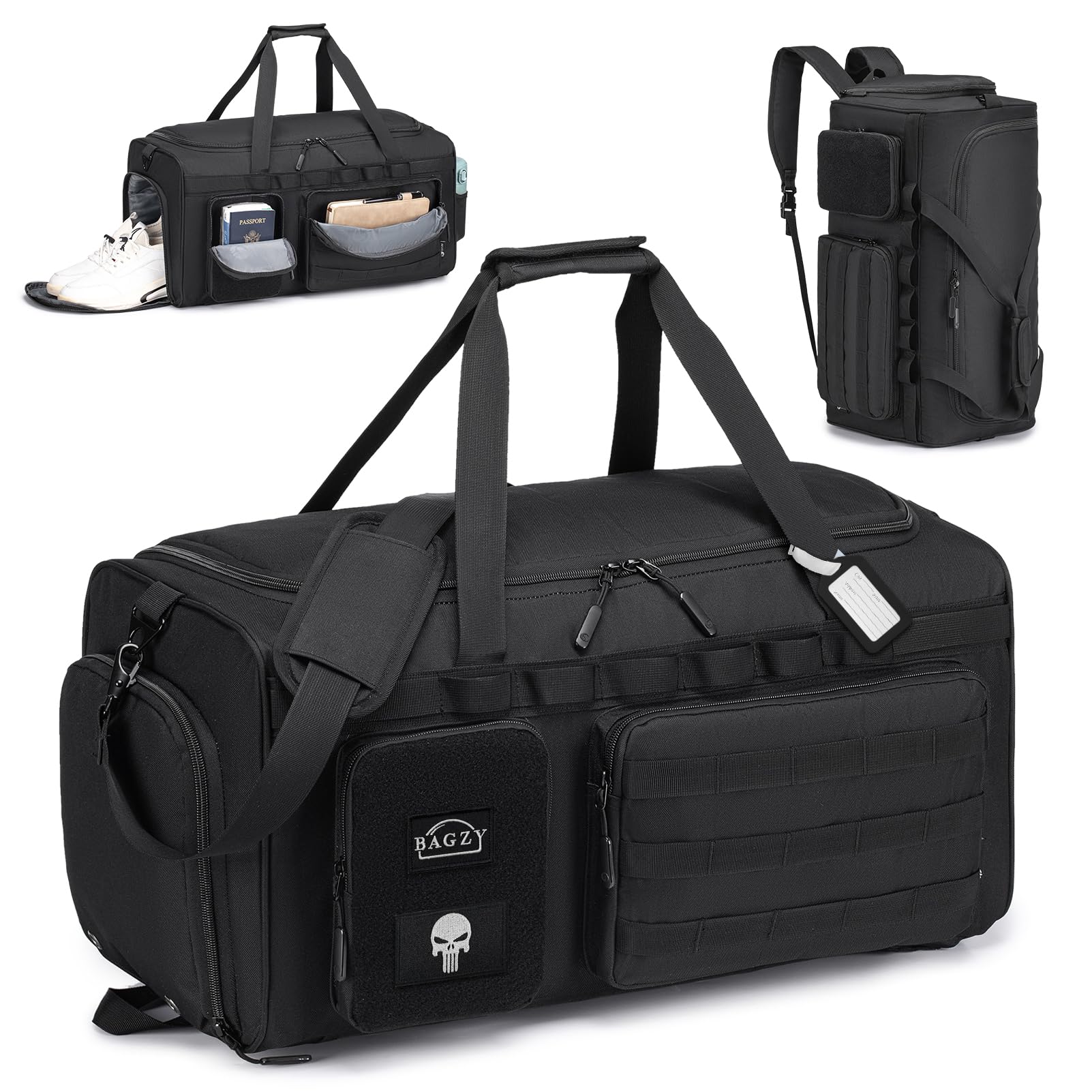 Tactical Gym Sports Bag for Men 40L, Travel Duffle Bag with Shoes Compartment and Wet Compartment Oxford Weekend Travel Bag Overnight Bag with Adjustable Shoulder Strap, Black, 55L, Travel-image-23