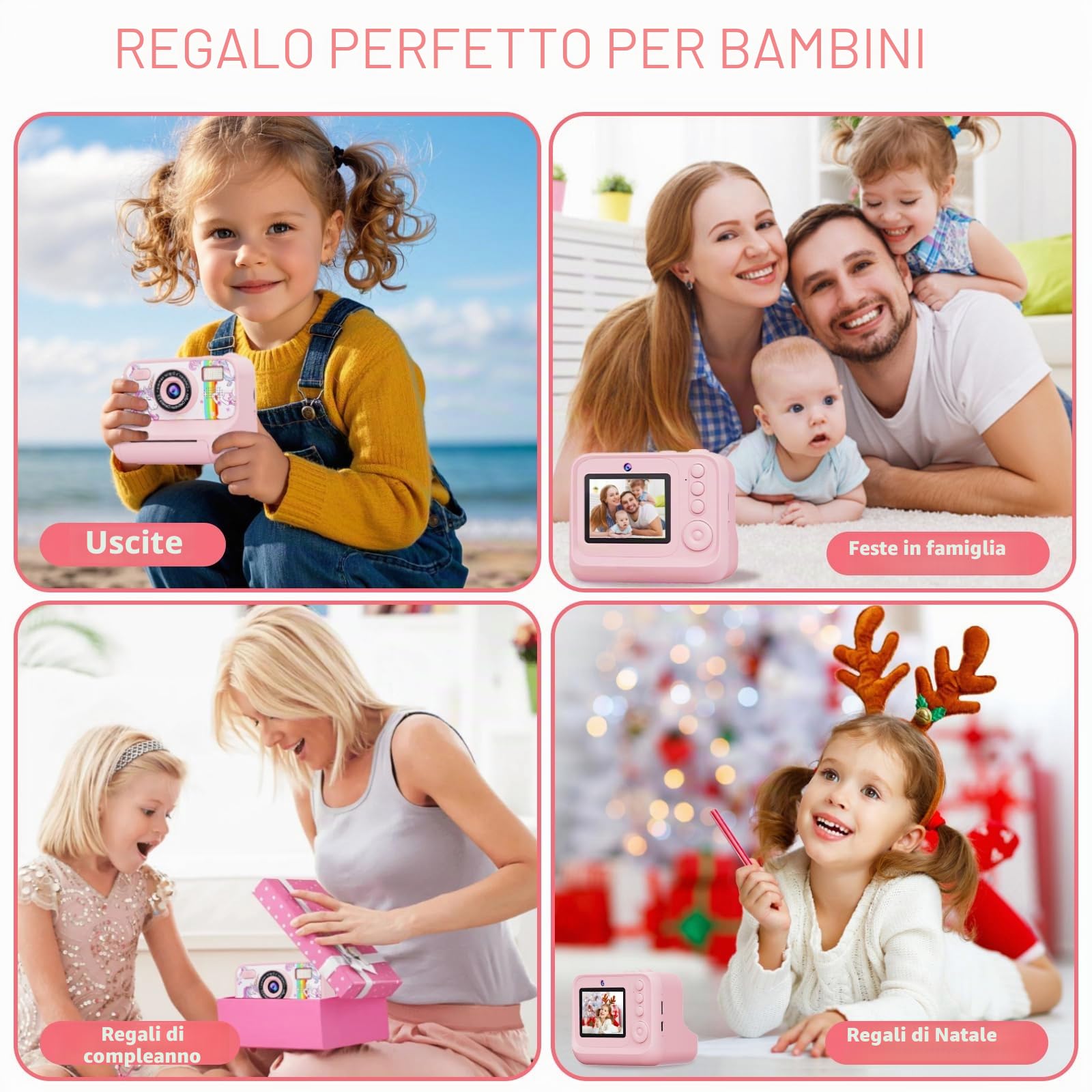 Fotocamera Istantanea per Bambini, Fotocamera Bambini HD 1080P con Schermo da 2,4 Pollici, Scheda da 32 GB e 3 Rotoli di Carta da Stampa, Ragazze e Ragazzi da 3 a 12 Anni (Rosa, carino)