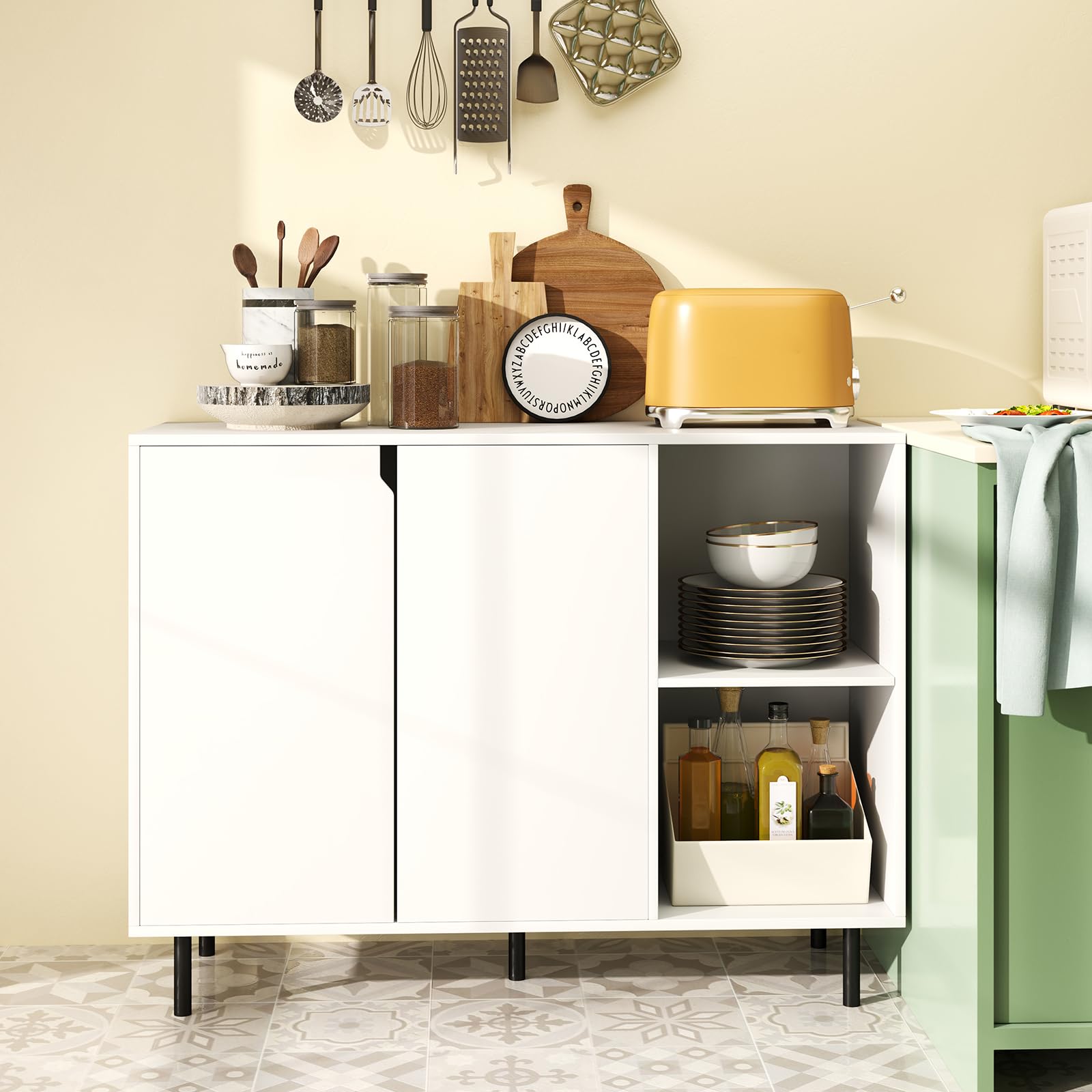 Credenza moderna bianca a 2 ante, ripiani regolabili, elegante armadio da cucina per soggiorno e sala da pranzo, 106 x 38 x 80 cm, mobili contemporanei