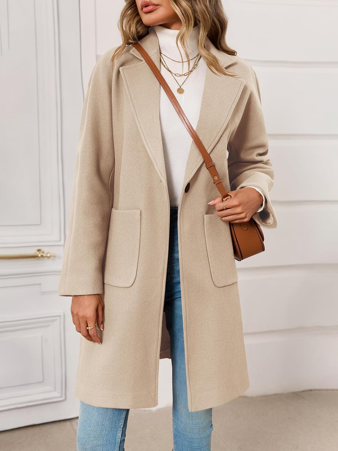 Tankaneo Womens Pea Coat Notched Lapel Single Breasted Long Jacket Winter Casual Trench Coat Outerwear - Image 2