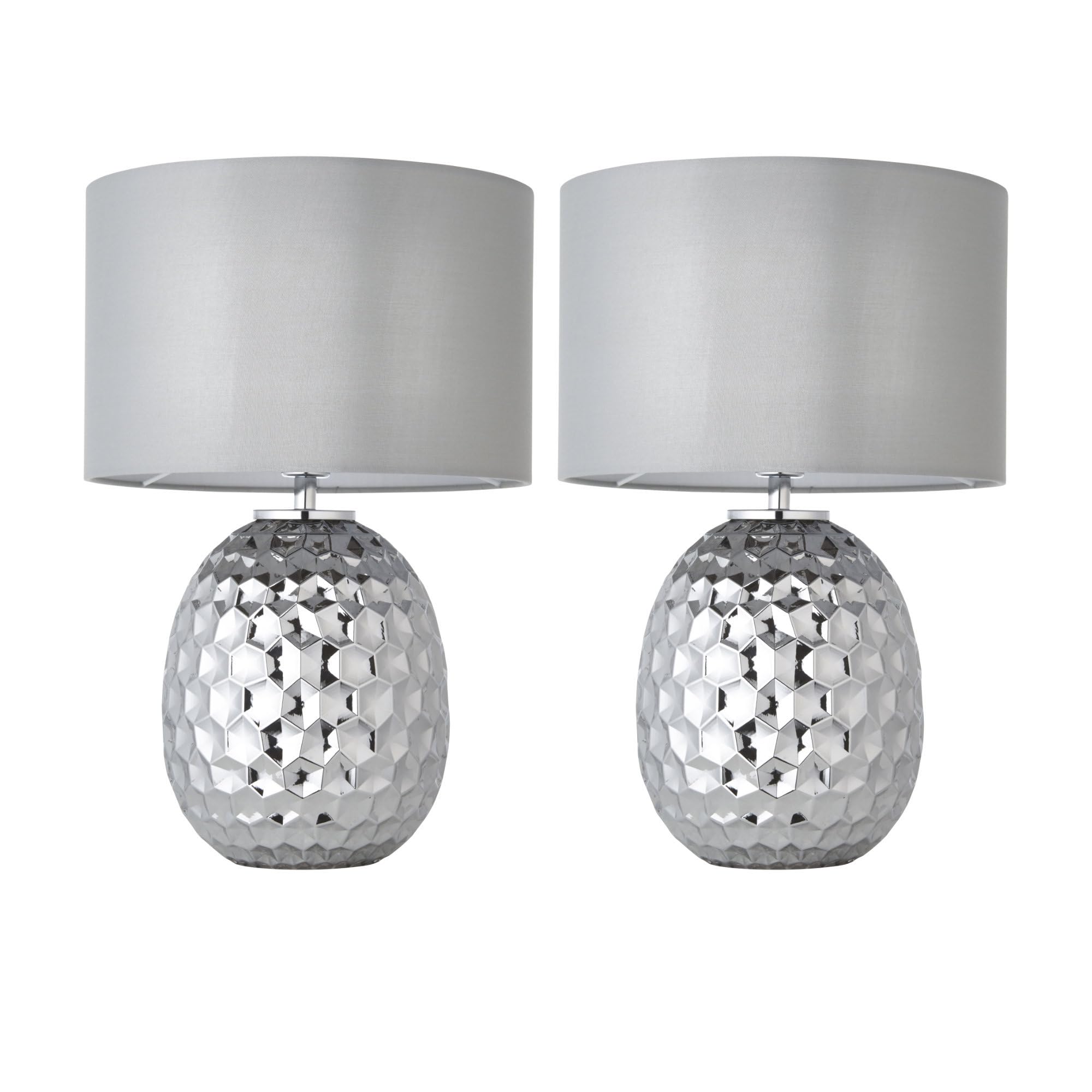 firstchoicelighting Set of 2 Modern Table Lamp or Bedside Lights, Smokey Grey Tinted Glass, Height 41cm, Fabric Shade