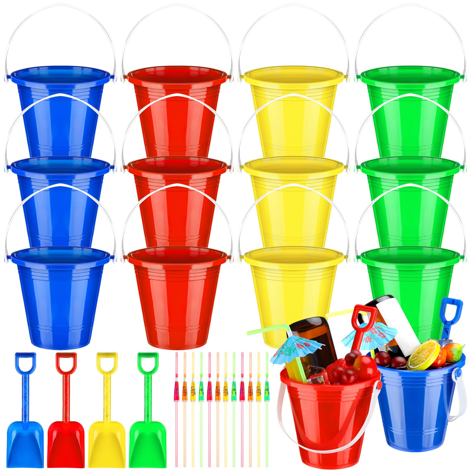 Meekoo 12 Pcs Plastic Rum Buckets for Drinks with 40 Colorful Straws Portable Cocktail Buckets Ice Cream Box with Handles Reusable Smoothie Box for Summer Bar Kitchen Multifunctional Punch Bowl