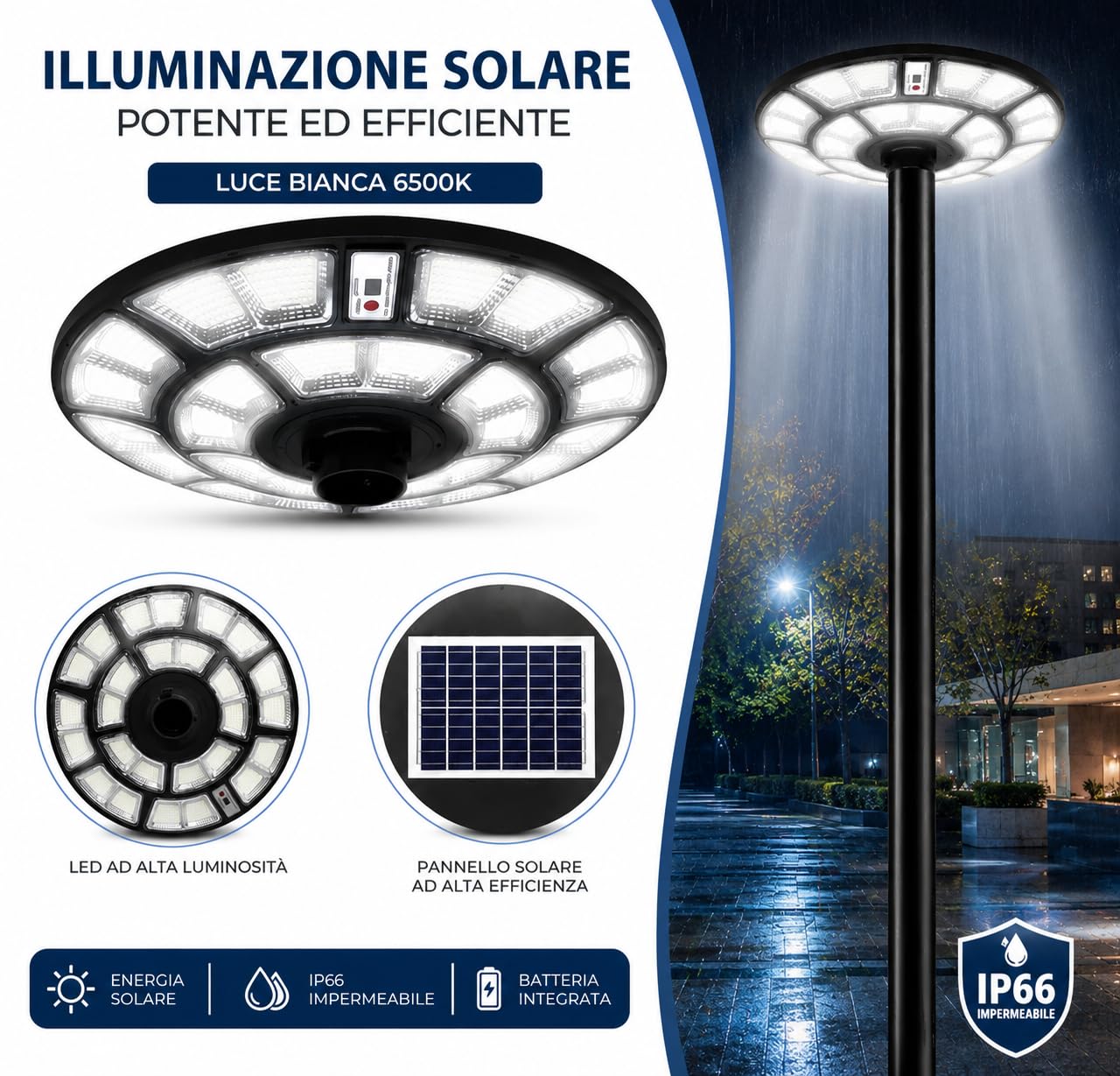 Generico Lampione Solare Esterno 2000 Watt, LED Stradale Giardino UFO con Telecomando, Sensore Movimento, Crepuscolare, IP66, Luce Fredda, Faretto Solare Alta Efficienza