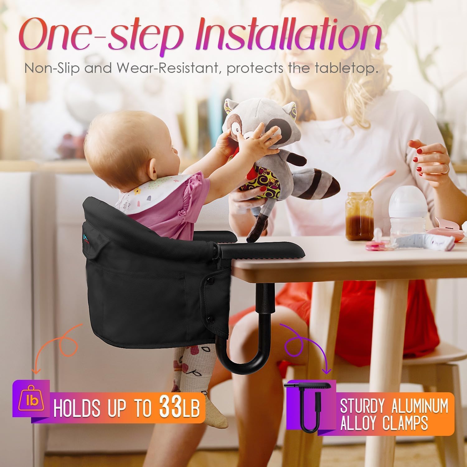 Suptikes Portable Baby Hook-On High Chair for Dining Table | Foldable Clip-On Feeding Chair with Safety Belt, Washable Seat & Carry Bag | Travel Friendly Booster Seat for Baby & Toddler (Black) 2