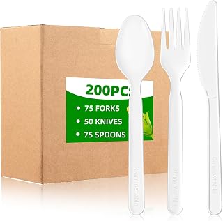 200 Count Compostable Utensils Cutlery Biodegradable Heavy-Duty No Plastic Utensils Silverware Cutlery Set 75 Forks 75 Spoons 50 Knives Eco Friendly Flatware for Party, BBQ, Events, Picnic