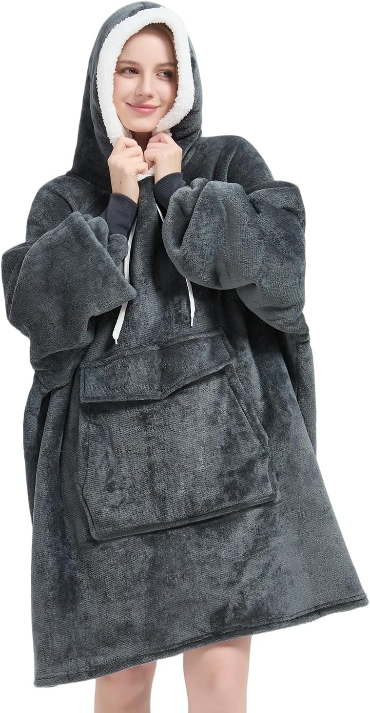 Qeils Wearable Blanket Hoodie for Women, Comfy Sherpa Sweatshirt Blanket as Birthday Christmas Gifts, Oversized Pullover Jacket Blanket Hoodie for Adult (Dark Grey, Adult)