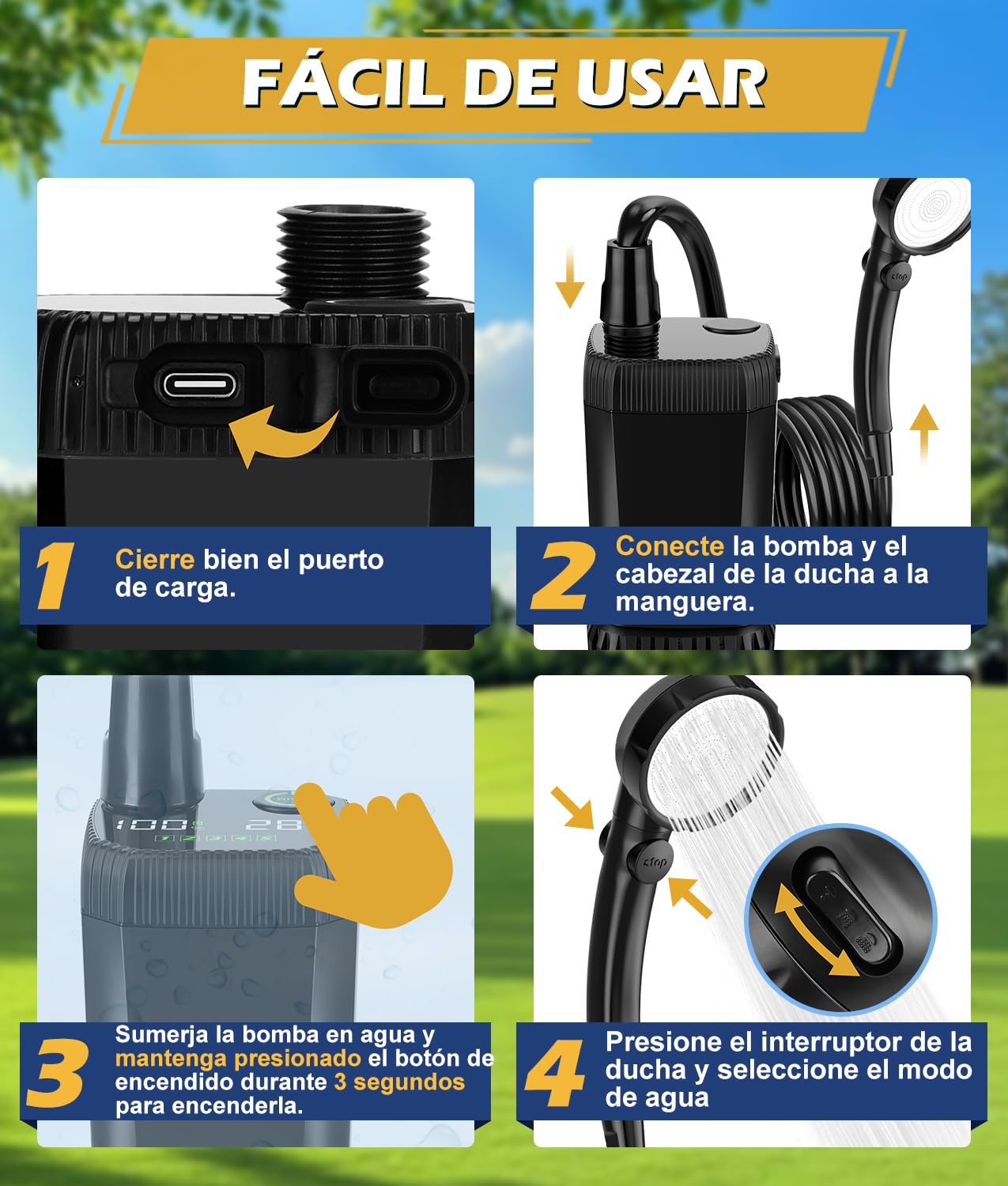WADEO Ducha portátil para Camping 6000 mAh con Cubo Plegable de 20 l, Agua Caliente, Bomba Recargable de 5 velocidades con Pantalla LED, 4 Modos de Chorro para Caravana, Viaje, Coche, Mascotas
