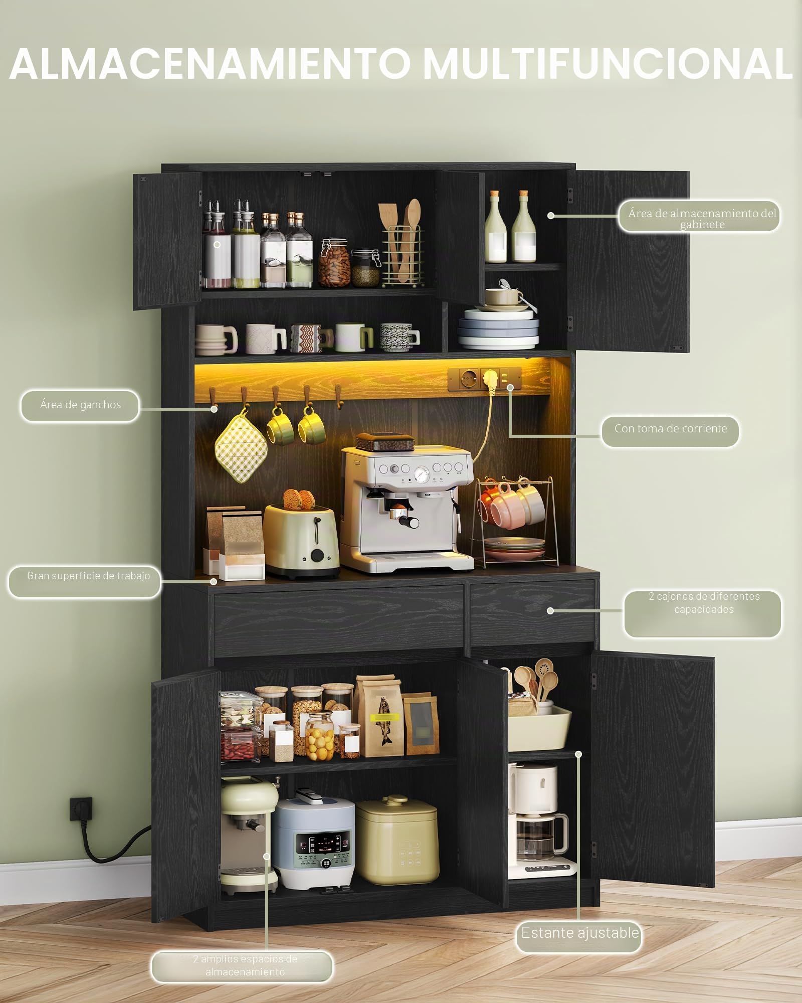 Hzuaneri Alacena de Cocina, 180 cm Aparador Comedor, aparador Cocina con regleta y Tira de Luces LED, encimera y 2 cajones, estantes Regulables,área culinaria, salón, Negro PT00204XEU