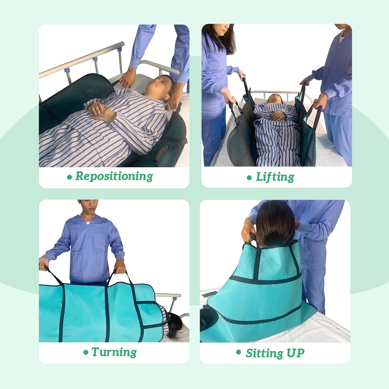 Almohadillas de cama de posicionamiento para personas mayores, 8 asas suaves, 48 x 40 hojas de transferencia para girar, levantar y reposicionar, almohadillas de mudanza lavables para personas