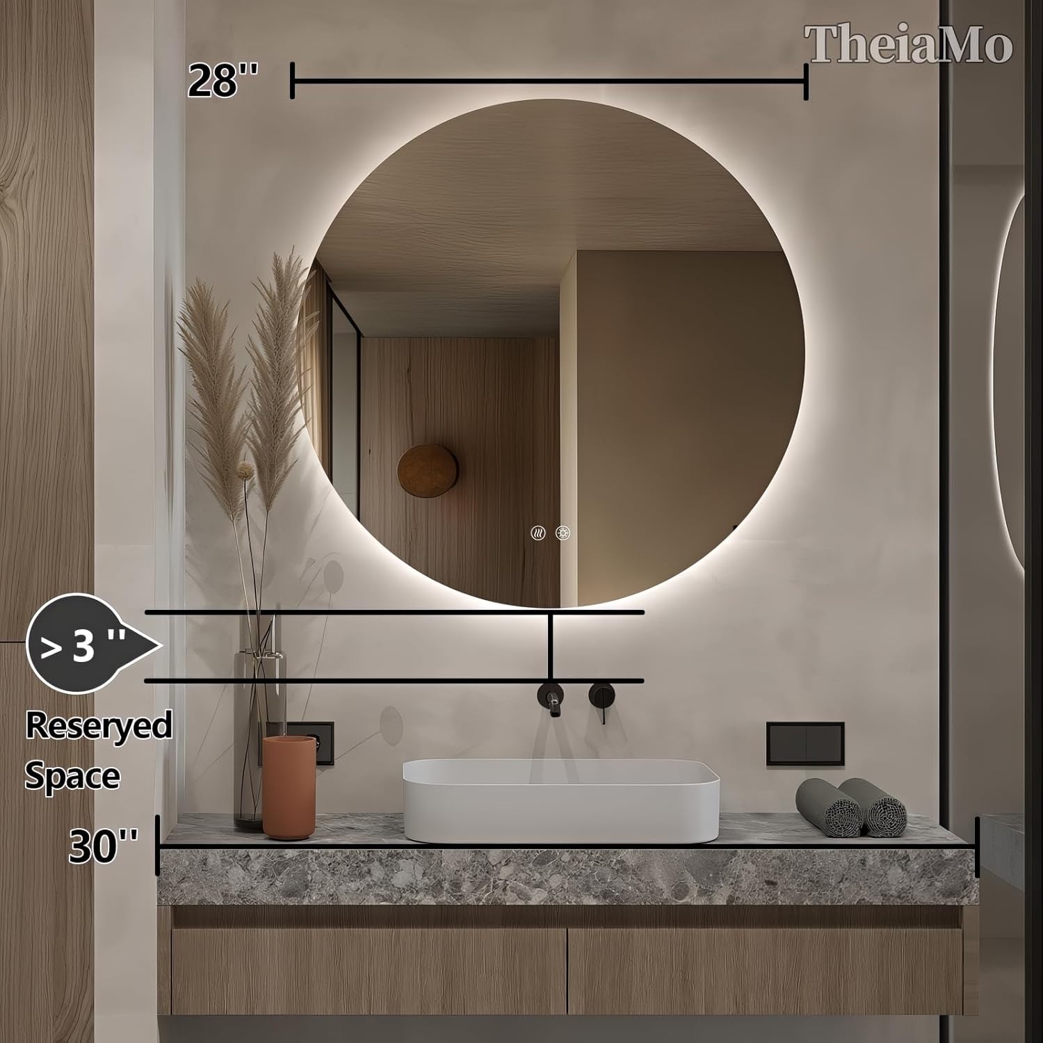 Round LED Mirror for Bathroom, 28" Circle Frameless Backlit Mirror with Lights, Wall Mounted Vanity Mirror, 3 Colors, Dimmable, Anti-Fog, IP65 Waterproof, Memory Function, UL Listed