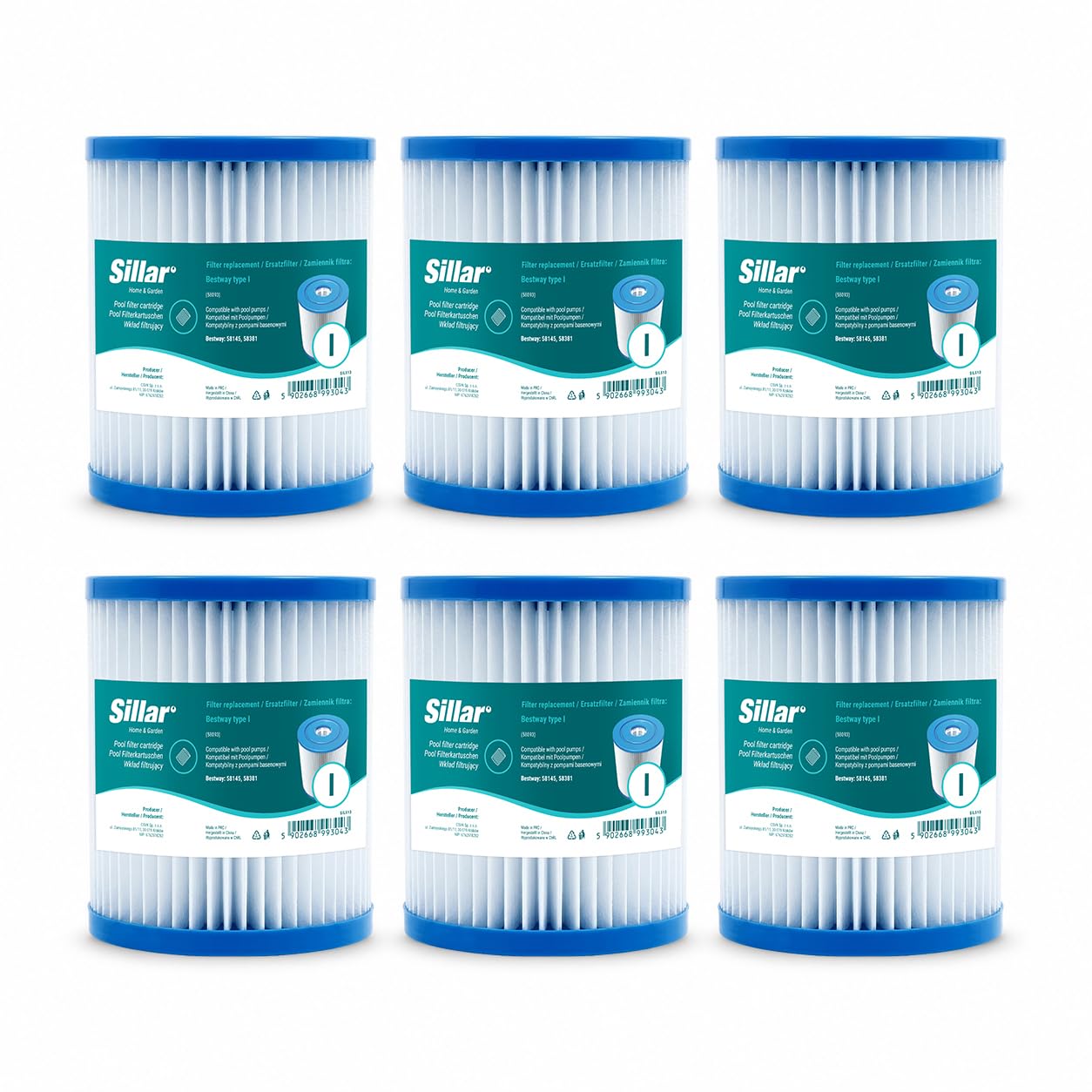 Sillar Cartucho de Filtro reemplazo para Bestway tamaño 1, Tipo I, Cartucho para Limpieza de Piscinas, Modelo 58093, 6 Unidades