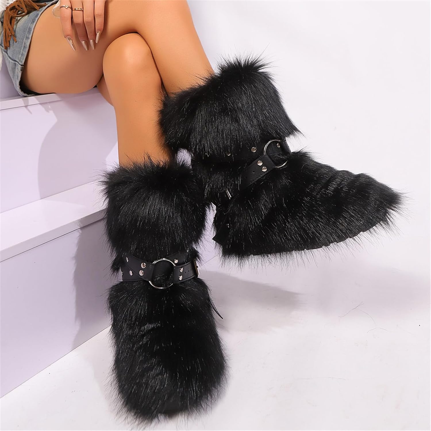 Fur Boots for Women, Pink Fuzzy Boots Y2k Style, Furry Shoes with Pelt