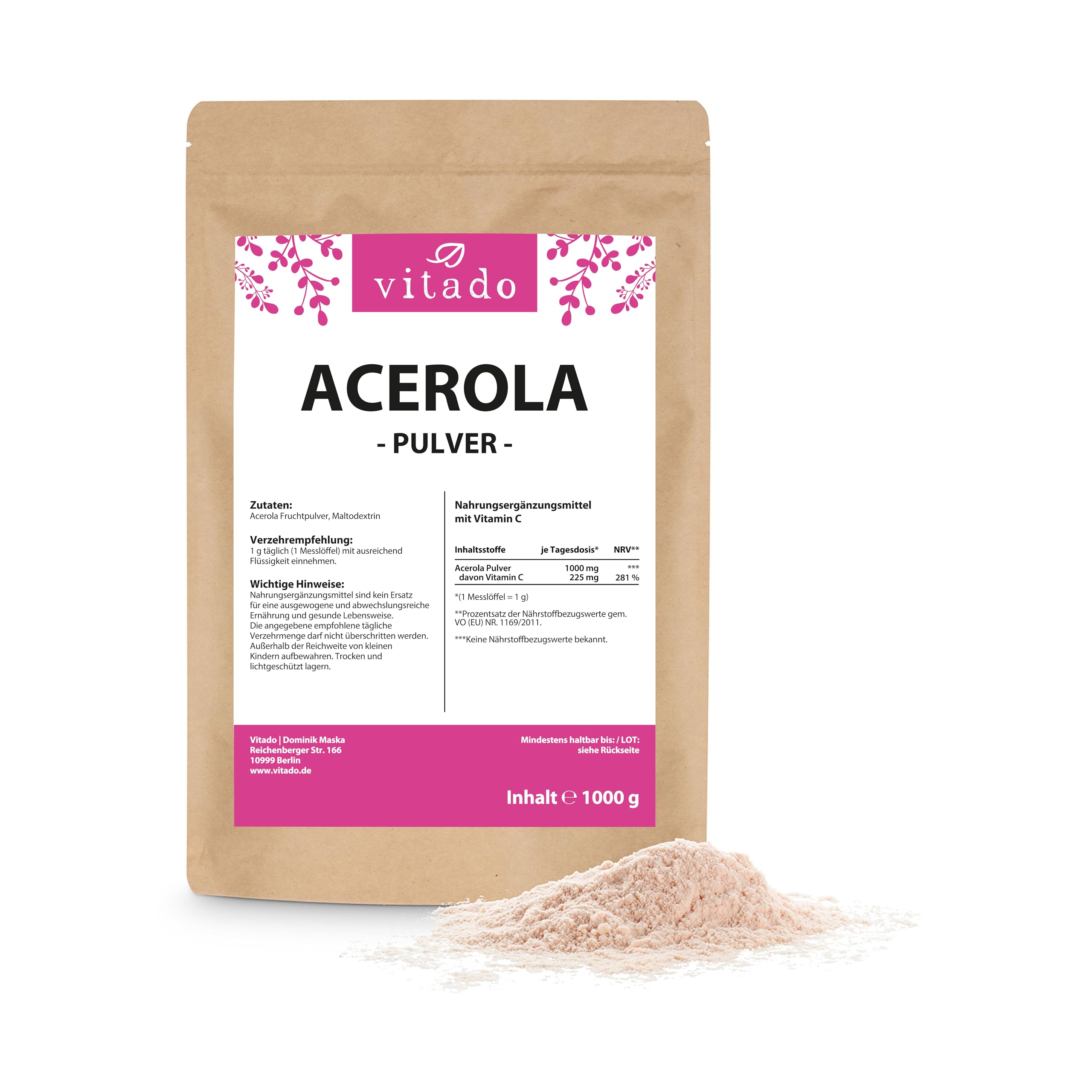 Acerola Pulver 1kg - Natürliches Vitamin C Pulver - Aus der Acerolakirsche - Laborgeprüft - Vegan