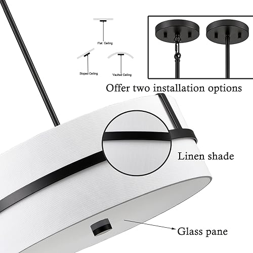 Miniatura 9 de HYDELITE Lámpara colgante de tambor de latón con 3 luces para mesa de comedor con difusor de lino blanco