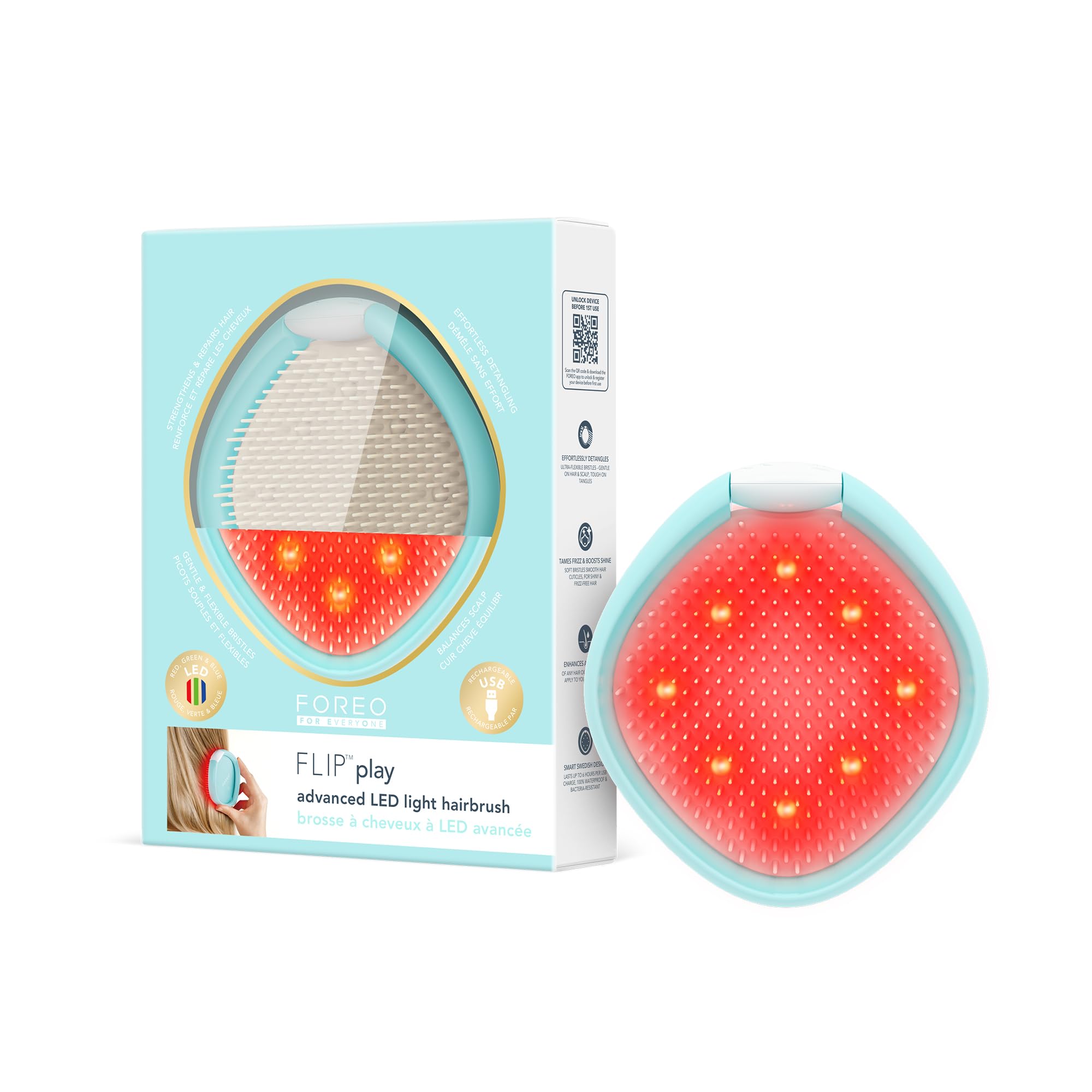 FOREO FLIP Play Advanced LED Light Hairbrush - Multi-Functional 3-in-1 Hair & Scalp Tool with Red, Blue & Green Light Modes – Designed to Support Scalp and Hair Appearance - Ice Ice Baby!