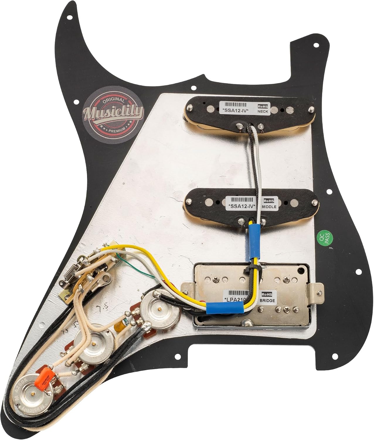 Musiclily Pro HSS Pre-wired Pickguard ST Guitar Loaded Pickguard with Artec Alnico 5 Single Coil Humbucker Pickups for American/Mexico Squier Strat Style Electric Guitar, 3ply Black