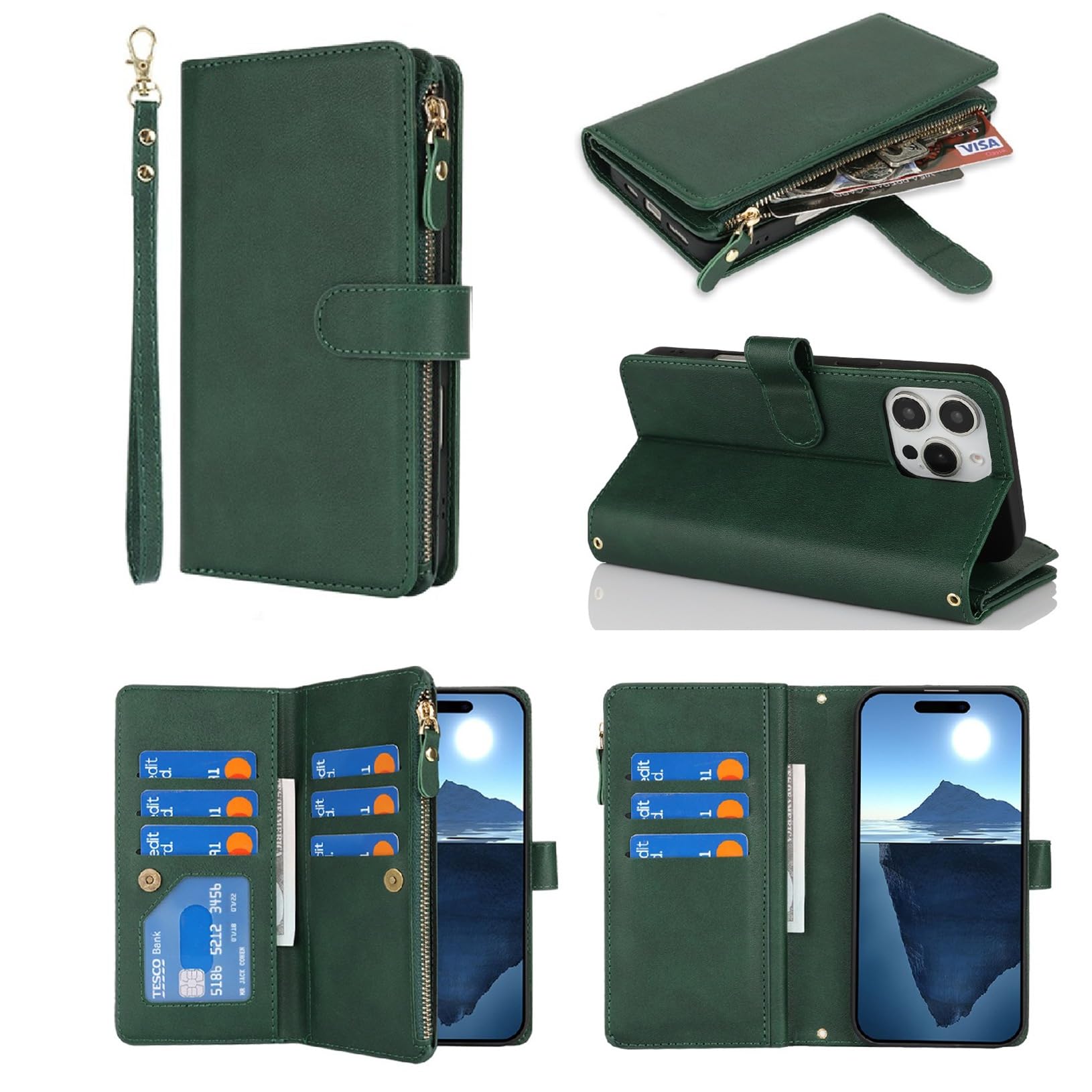Jaorty Wallet Case for iPhone 16 Pro Max with Strap,for iPhone 16 Pro Max Case Wallet for Women Men,[9 Card Slots] [Wrist Strap] Zipper Cash Pocket Magnetic Leather Cover Case,6.9" Dark Green